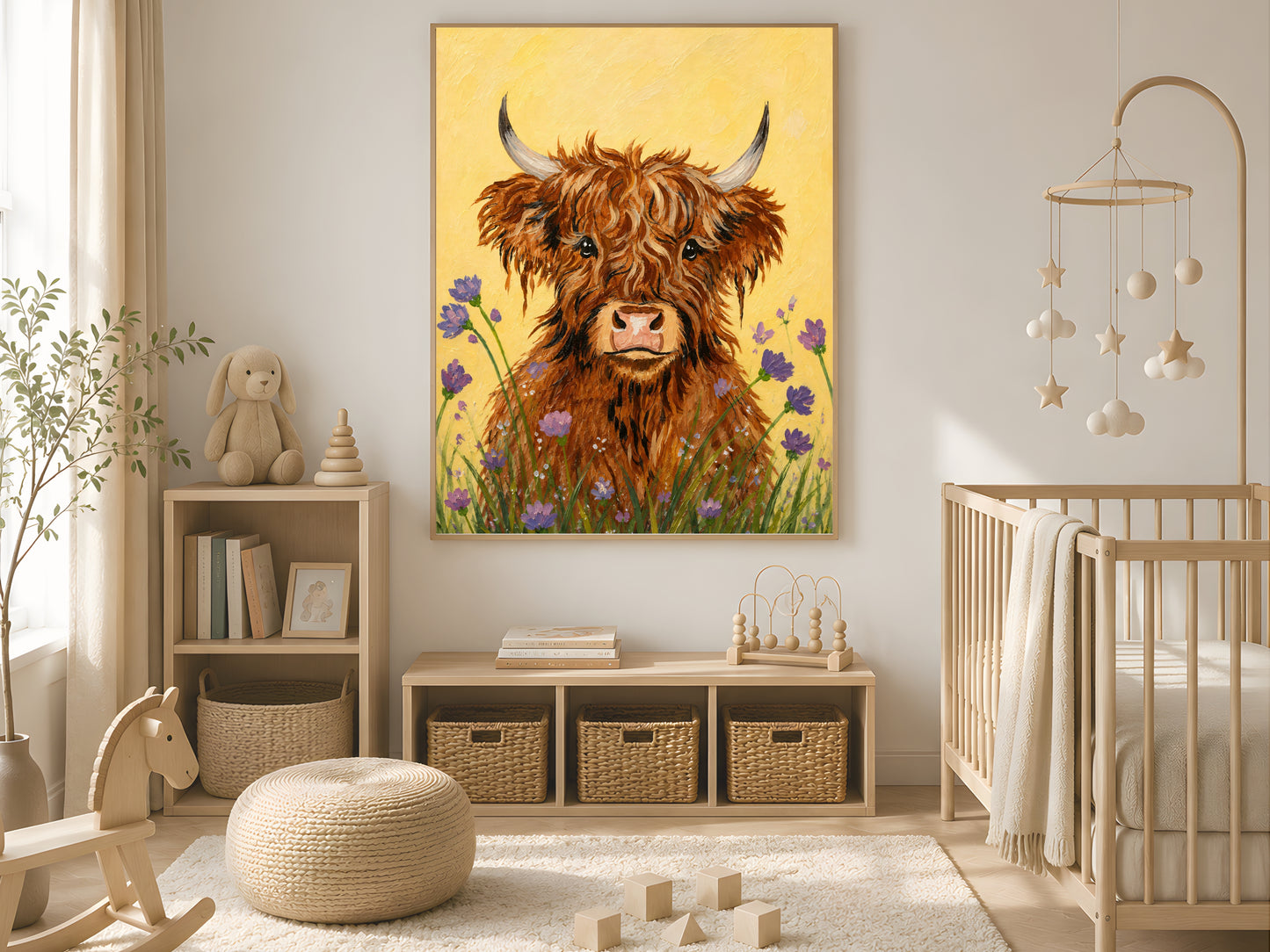 Framed impasto baby highland cow wall art on white wall in neutral boho nursery with crib, hanging mobile, and storage baskets
