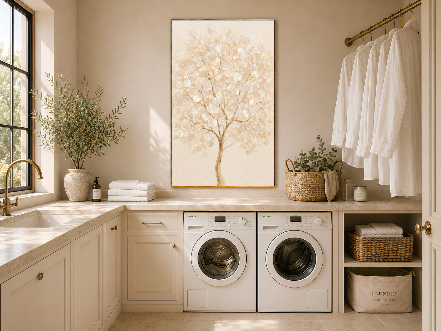 Capiz shell tree wall art framed above a washer and dryer in a neutral laundry room