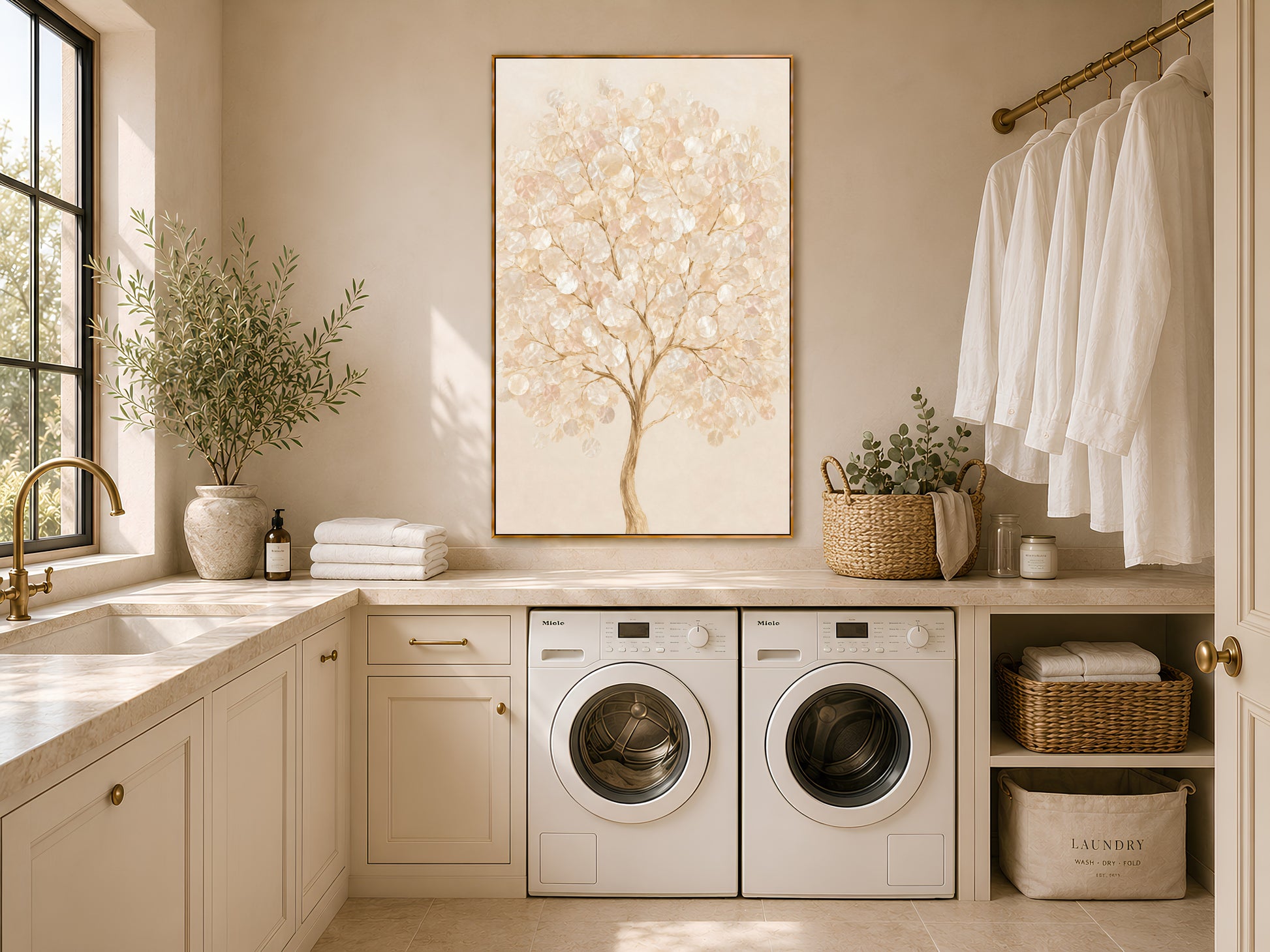 Capiz shell tree wall art framed above a washer and dryer in a neutral laundry room