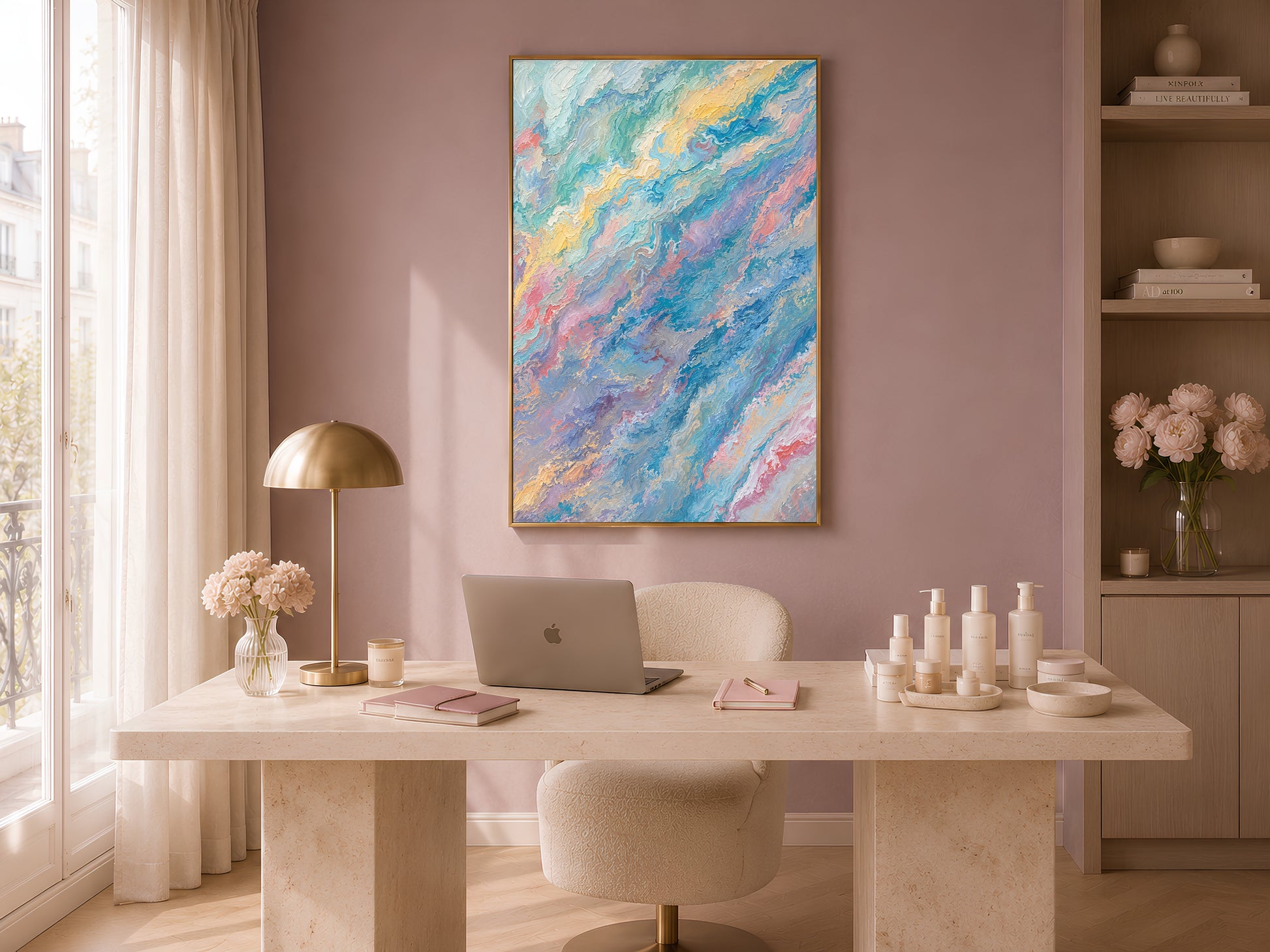 Pastel teal pink abstract swirl print in gold frame in bright home office above white desk with lamp and neutral vases
