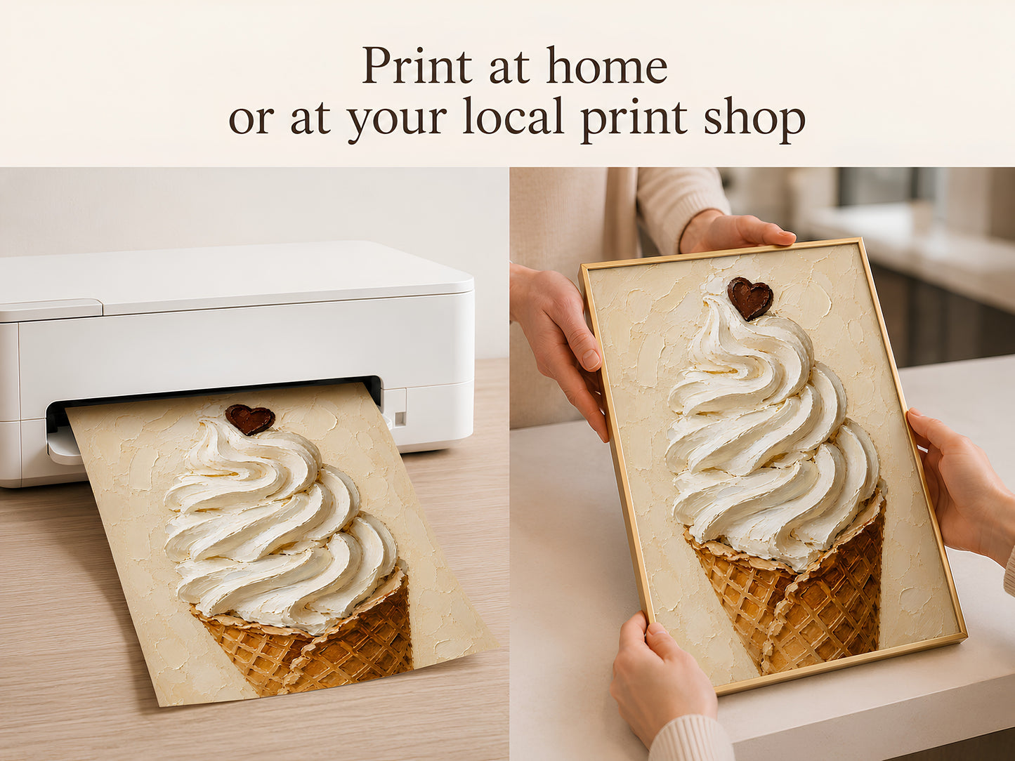 Print at home or at your local print shop lifestyle slide showing hands pulling the soft serve ice cream art print from a white home printer
