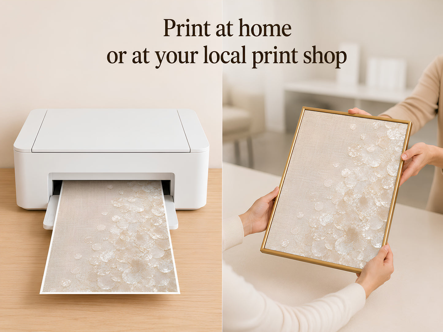 Digital download print being printed at home on a home printer and held in a gold frame
