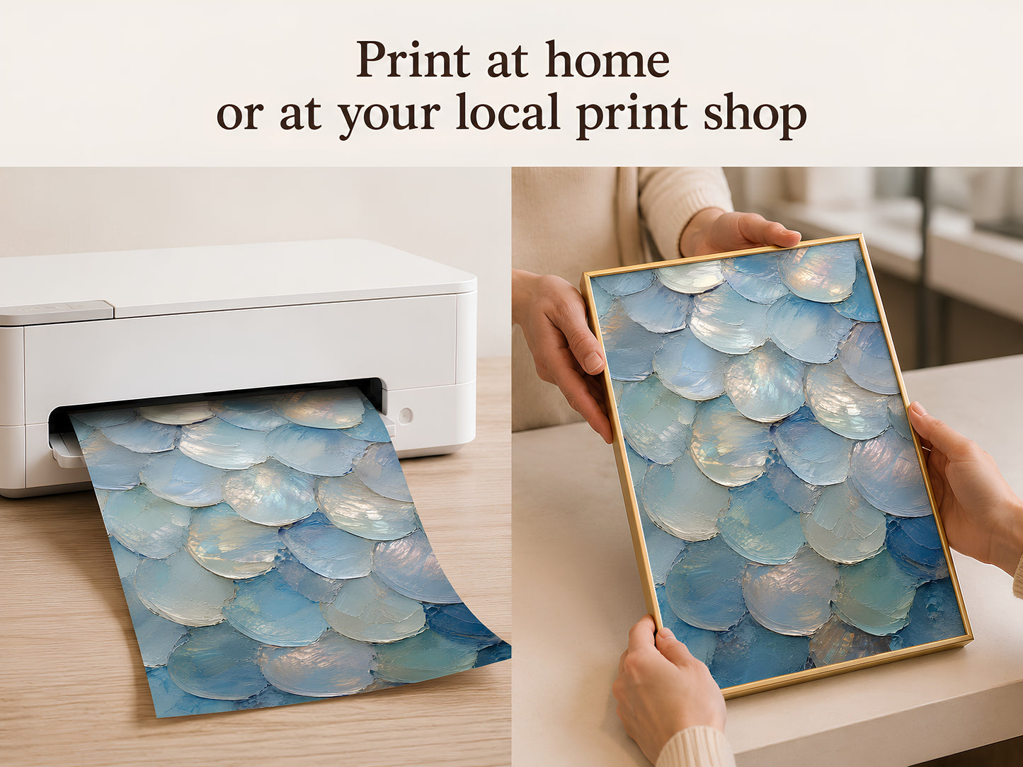 Hands placing iridescent capiz shell print into a home printer for instant download printing
