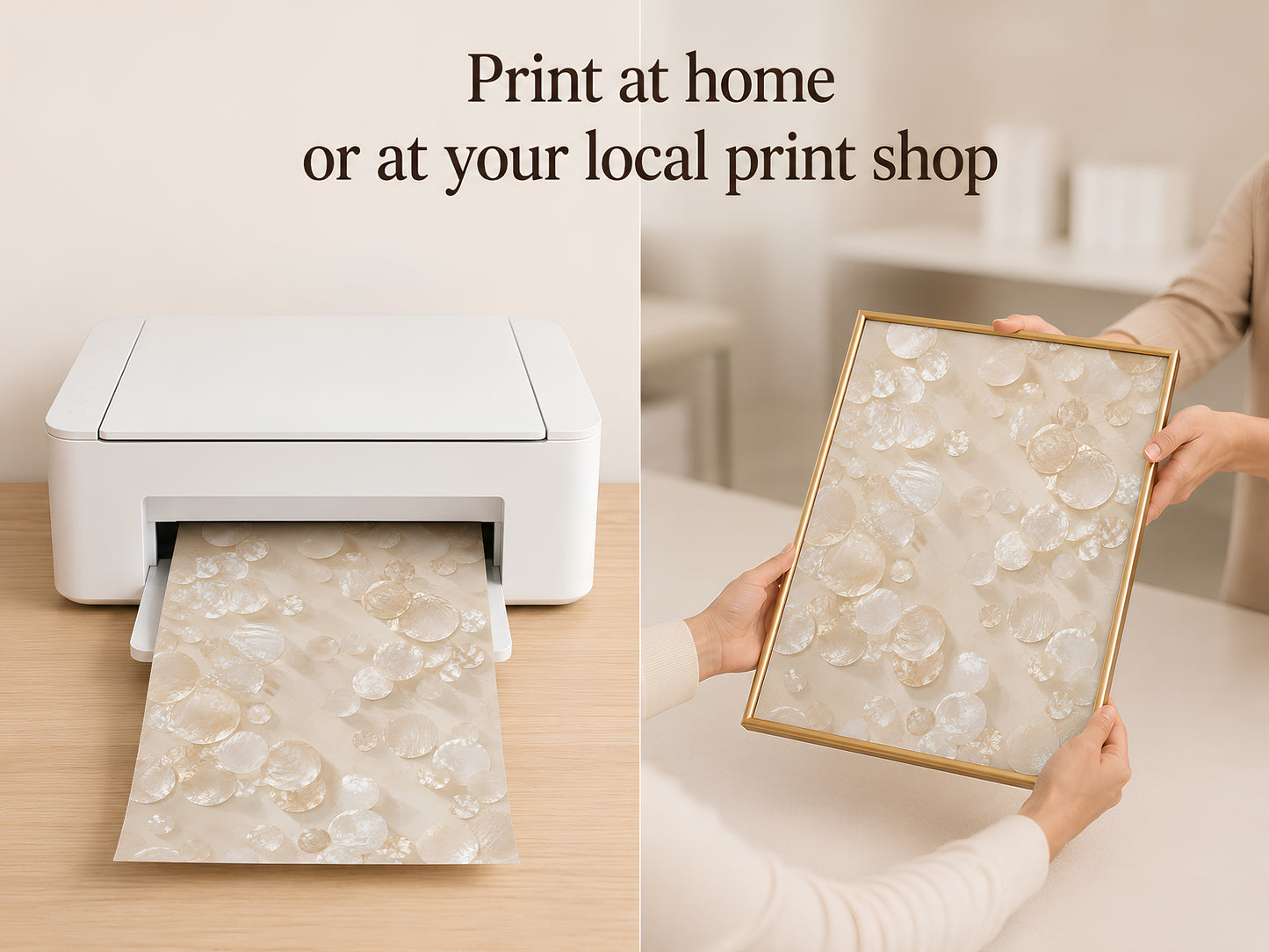 Digital download print being printed at home on a home printer and held in a gold frame

