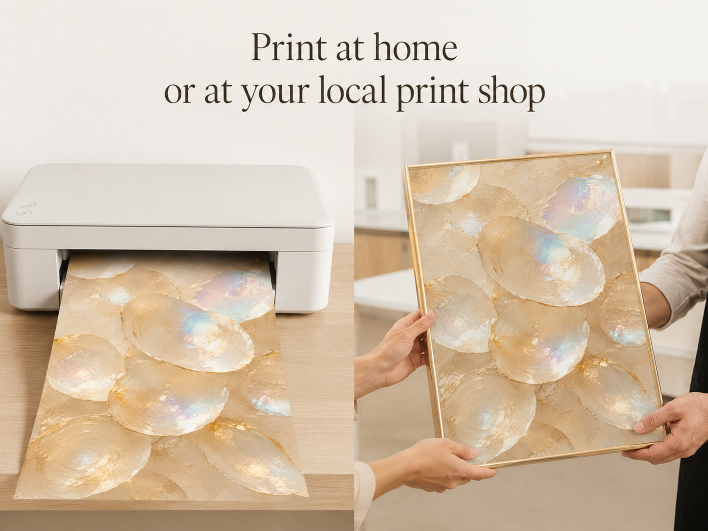 Hands placing oyster shell print into a home printer for instant download printing
