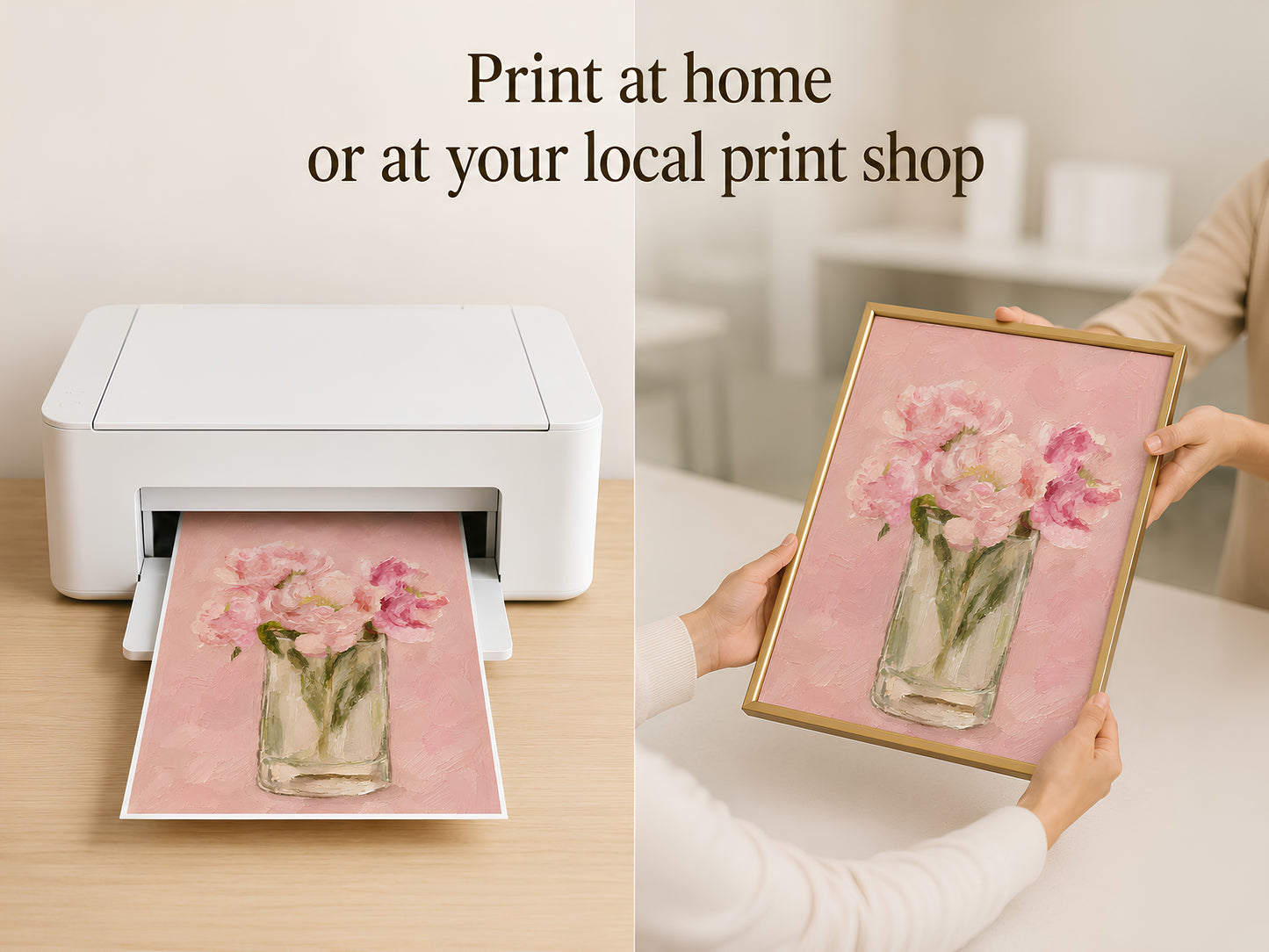 Home printer printing a pink peony wall art digital download, held in hand
