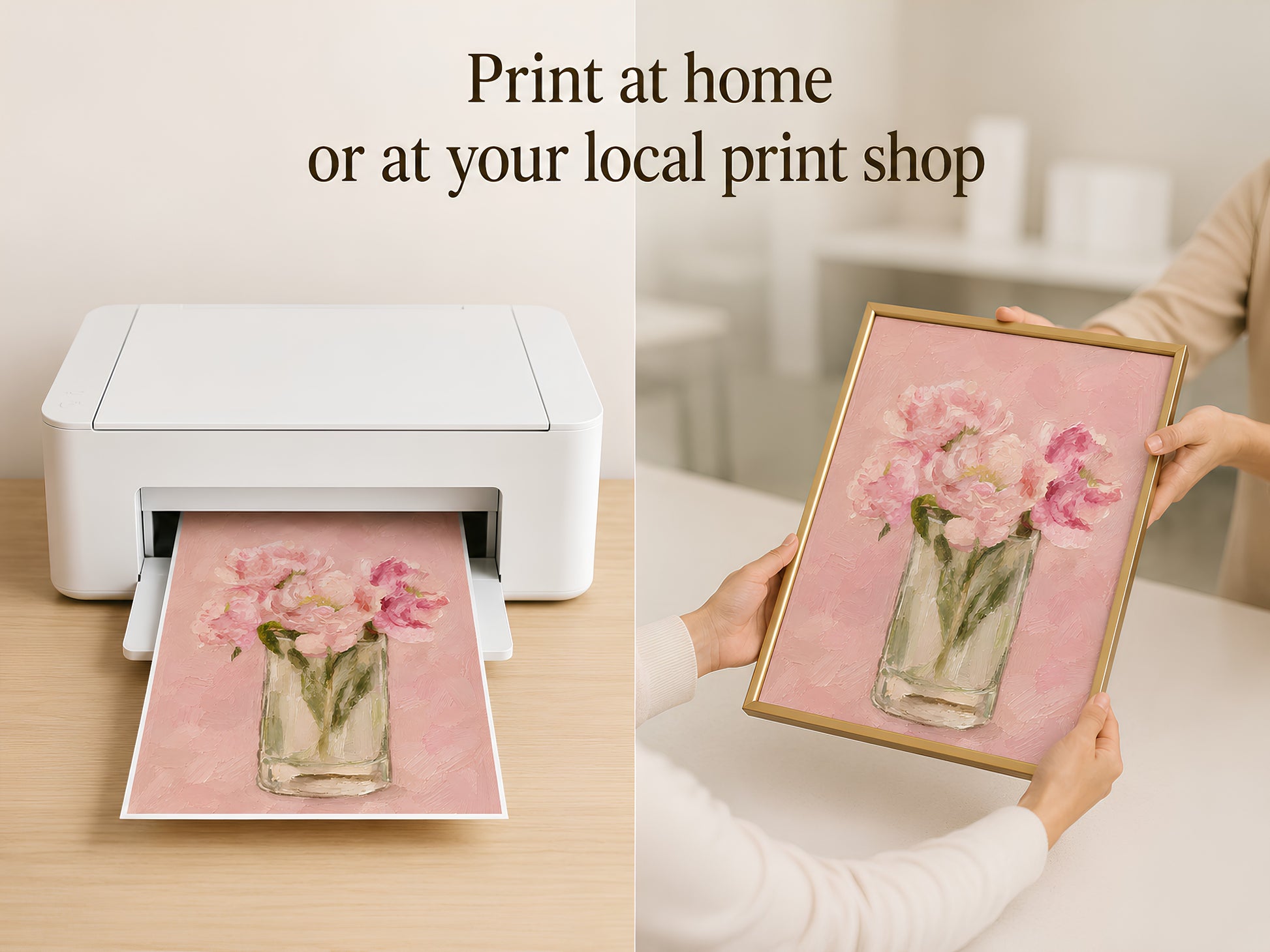 Home printer printing a pink peony wall art digital download, held in hand
