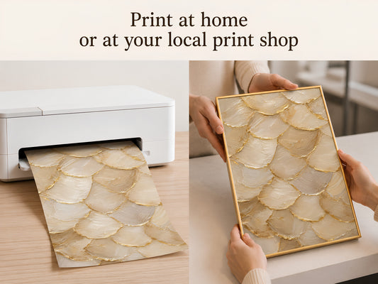 Hands placing ivory gold capiz shell print into a home printer for instant download printing
