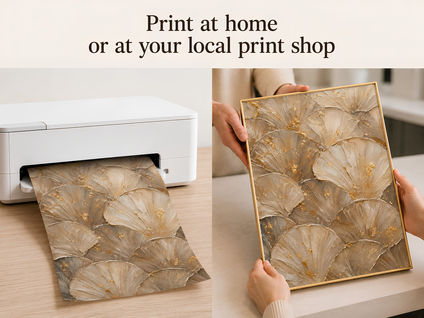 Hands placing taupe gold ginkgo leaf print into a home printer for instant download printing
