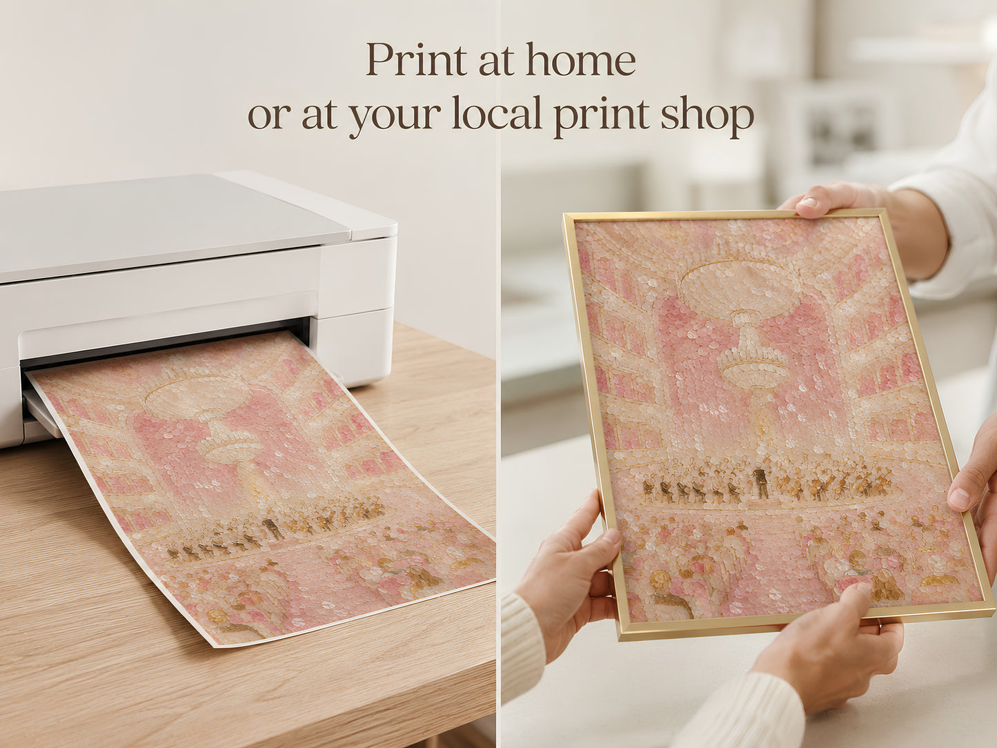 Hands placing opera house print into a home printer for instant download printing
