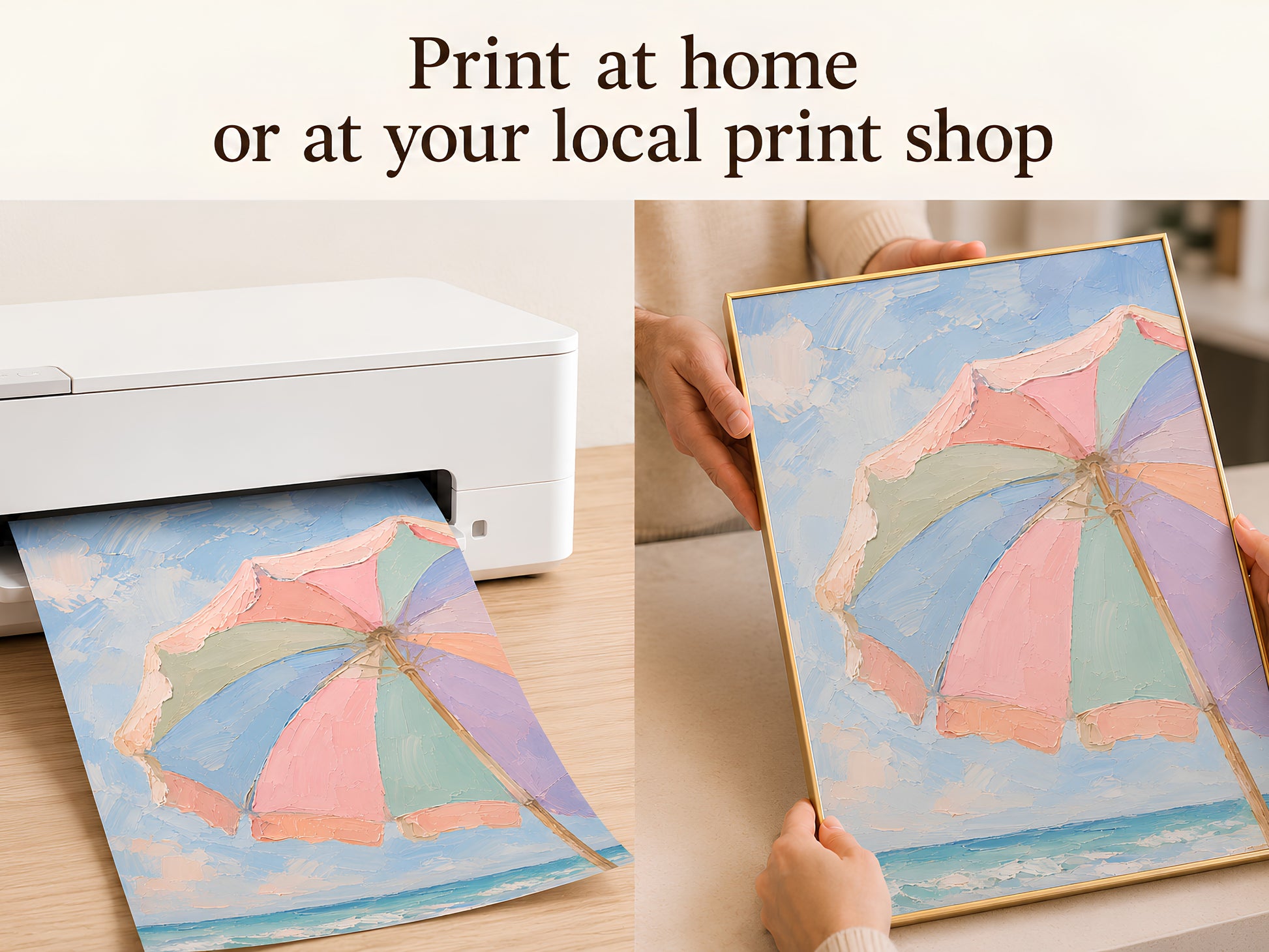 Hands placing pastel beach umbrella print into a home printer for instant download printing
