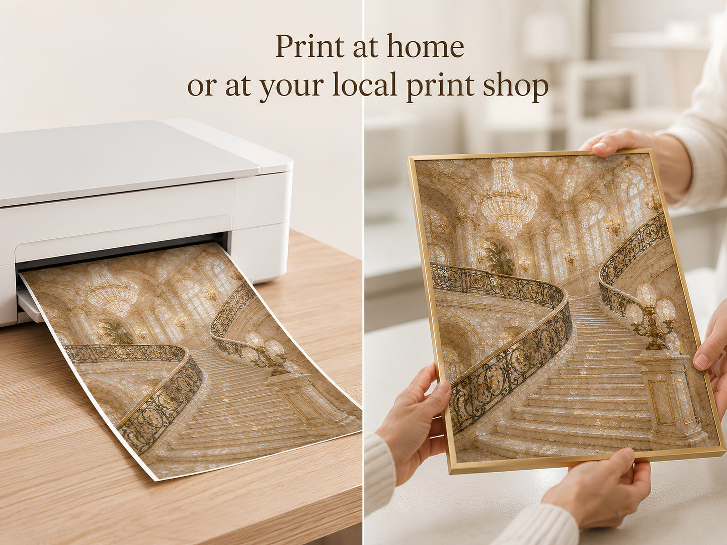 Hands placing grand staircase print into a home printer for instant download printing

