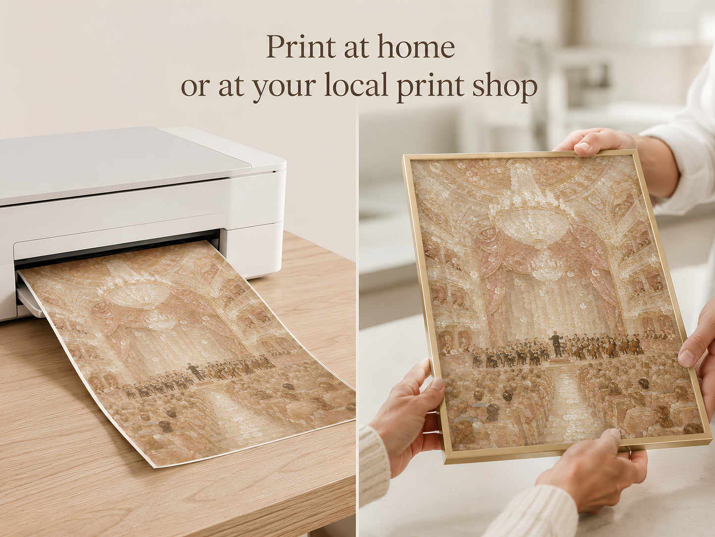 Hands placing concert hall print into a home printer for instant download printing
