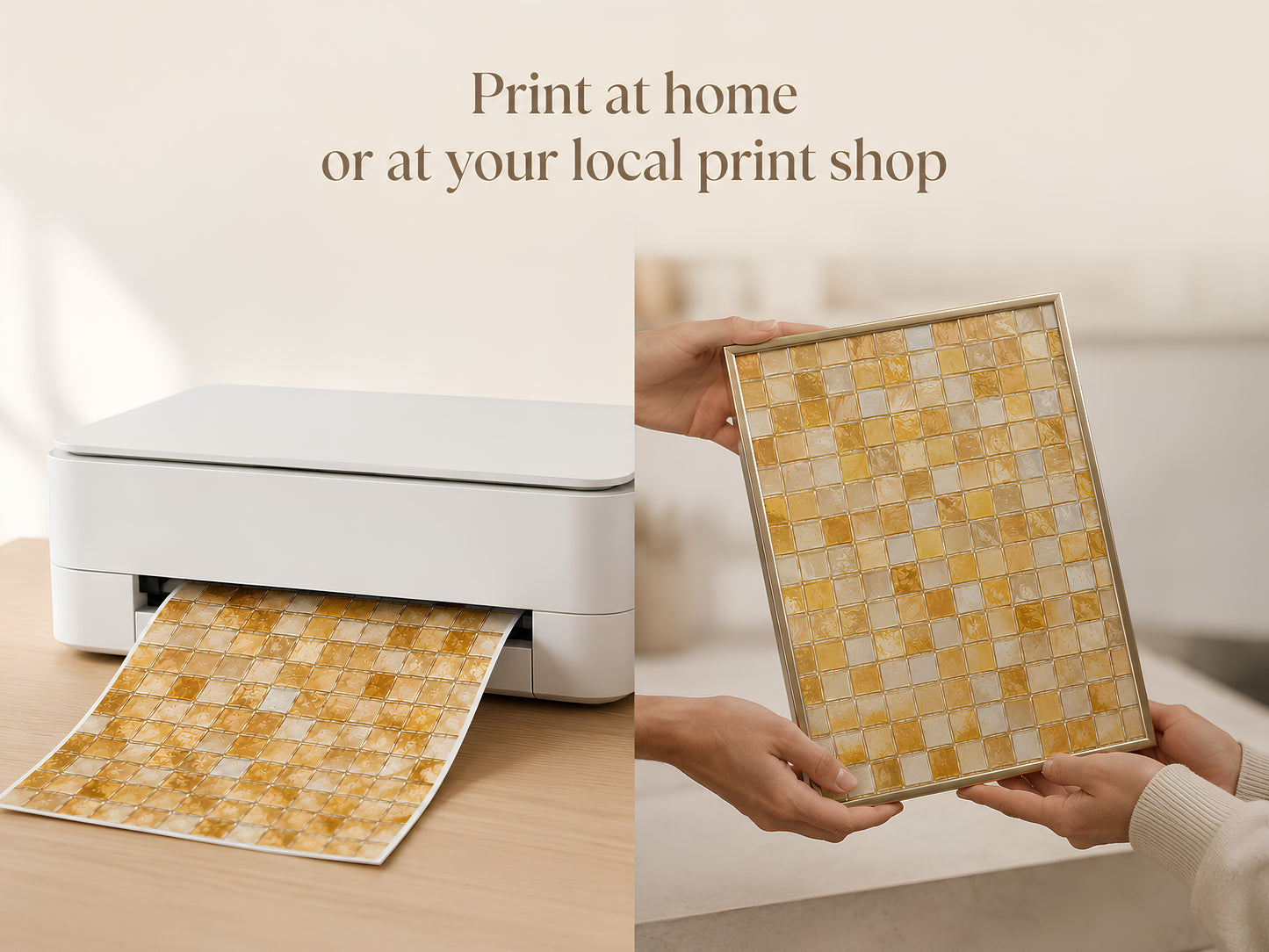 Print at home or local print shop graphic showing a home printer and someone holding a printed mosaic wall art page
