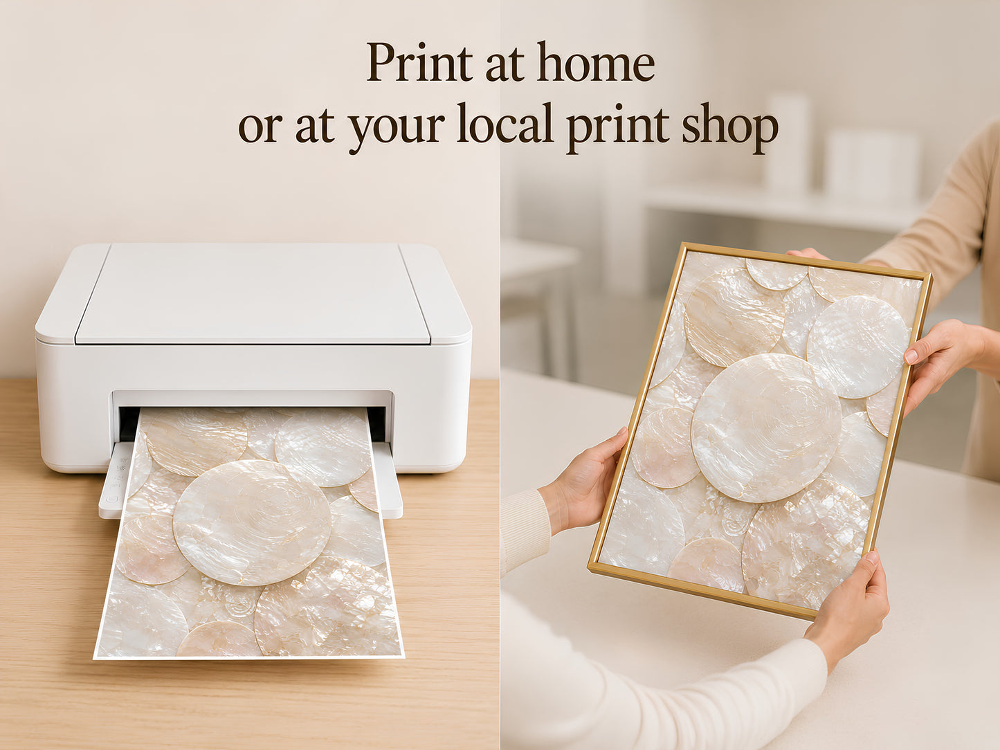 Digital download print being printed at home on a home printer and held in a gold frame
