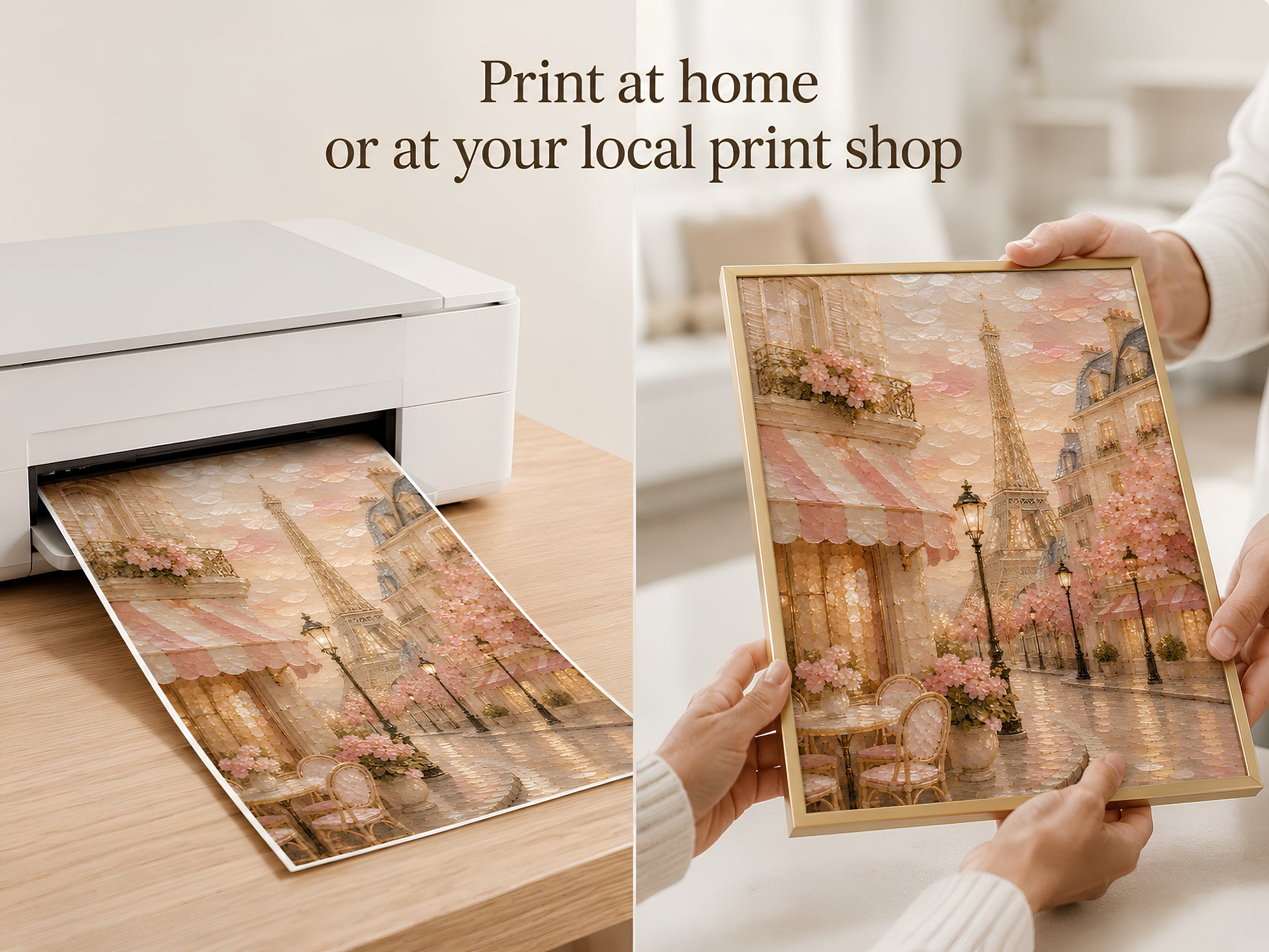 Hands placing blush Paris cafe print into a home printer for instant download printing

