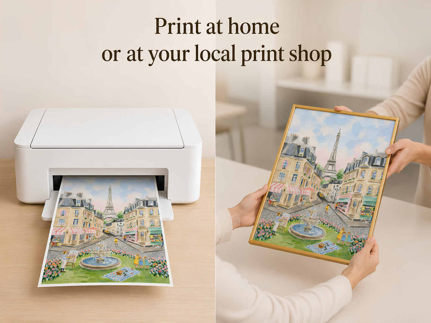 Paris street scene impasto art print being held coming out of a printer, print-at-home lifestyle shot with "Print at home or at your local print shop" text overlay