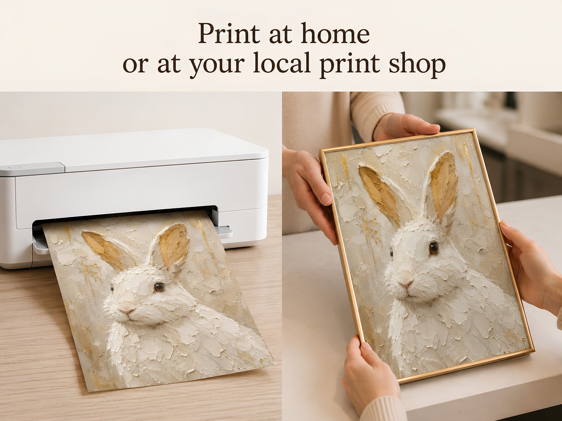 Print at home or at your local print shop lifestyle slide showing hands pulling the white rabbit gold leaf art print from a white home printer
