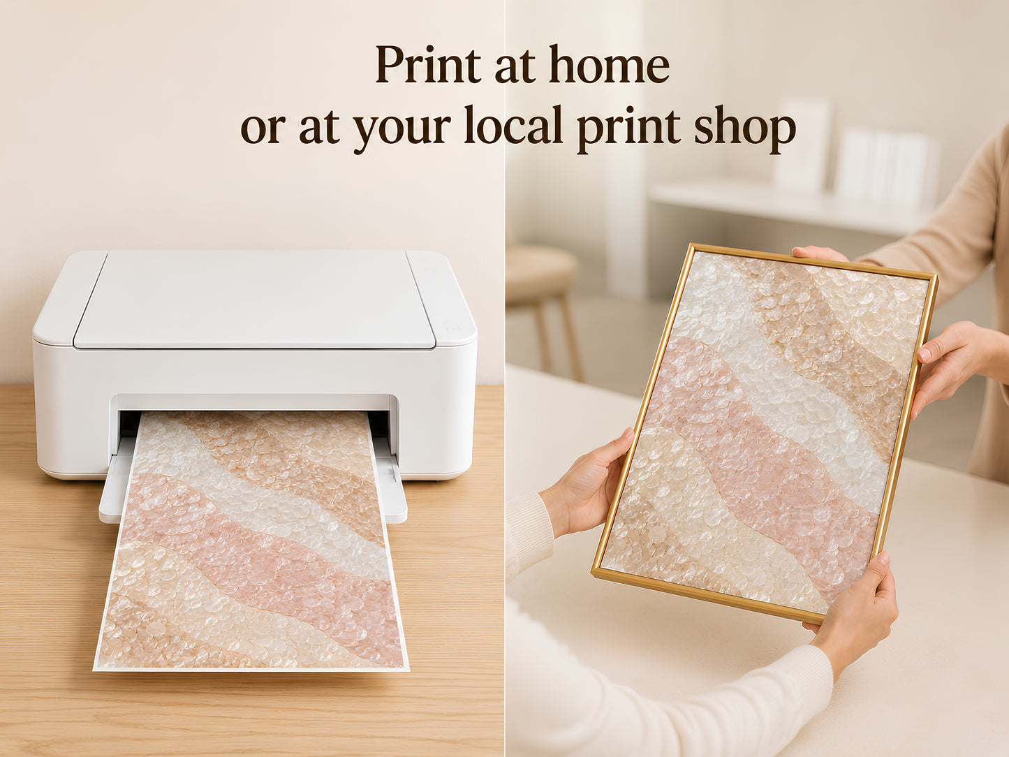 Digital download print being printed at home on a home printer and held in a gold frame
