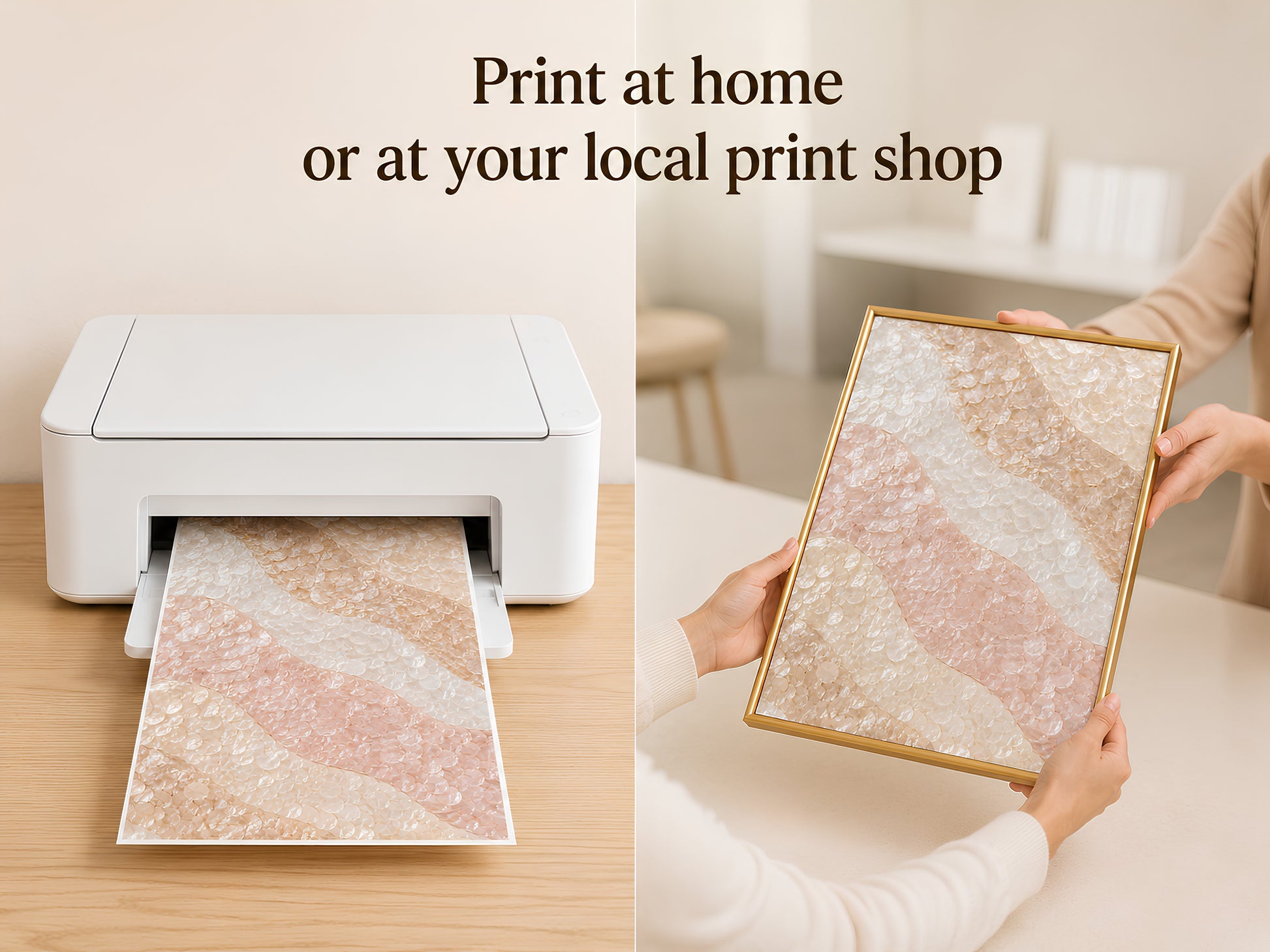 Digital download print being printed at home on a home printer and held in a gold frame
