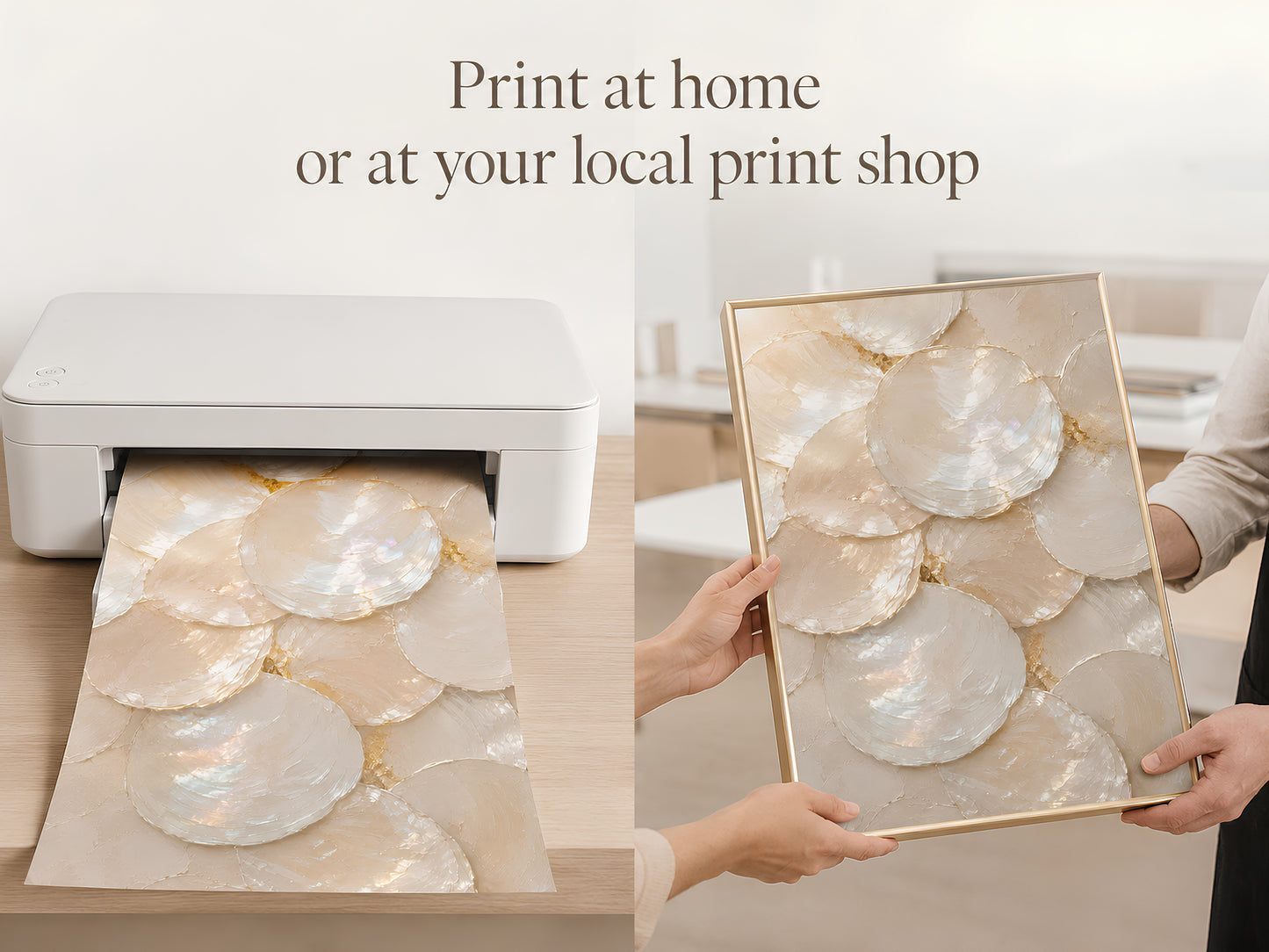 Hands placing mother of pearl shell print into a home printer for instant download printing
