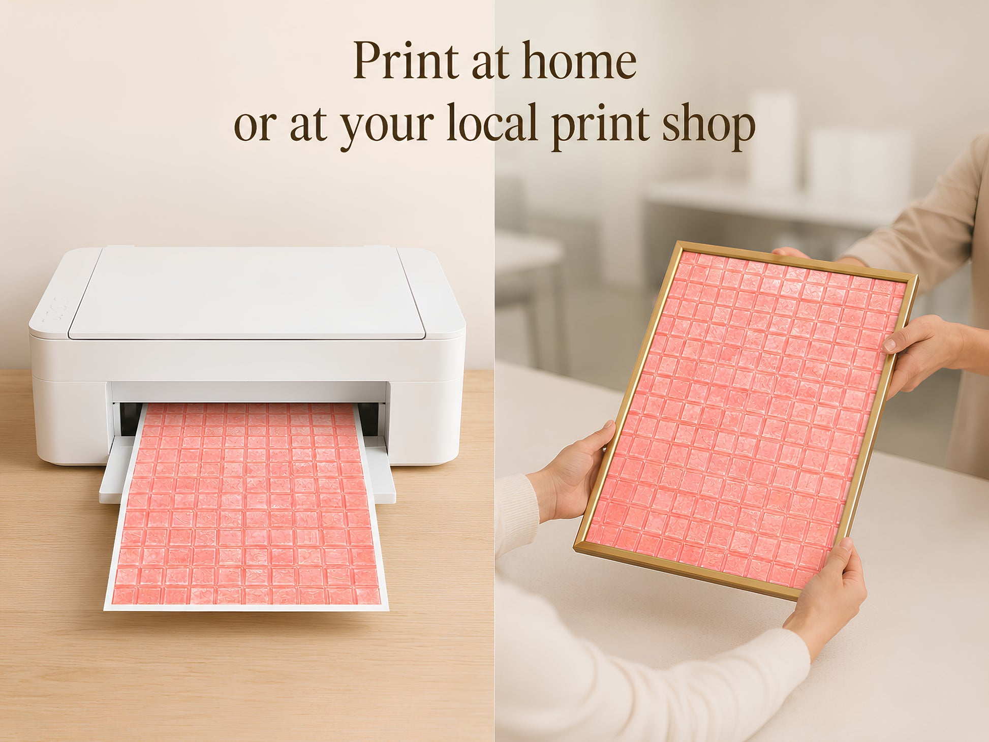 Salmon coral mosaic tile art print being held coming out of a printer, print-at-home lifestyle shot with "Print at home or at your local print shop" text overlay

