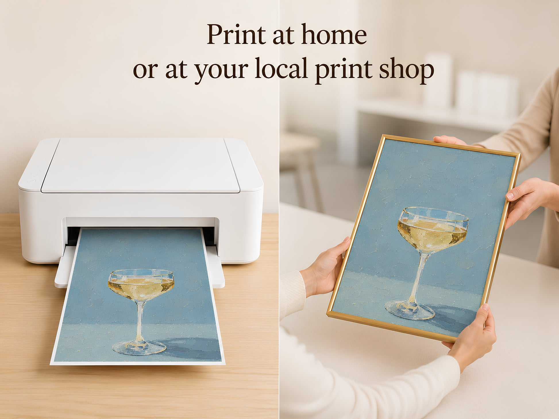 Home printer printing a champagne coupe wall art digital download, held in hand
