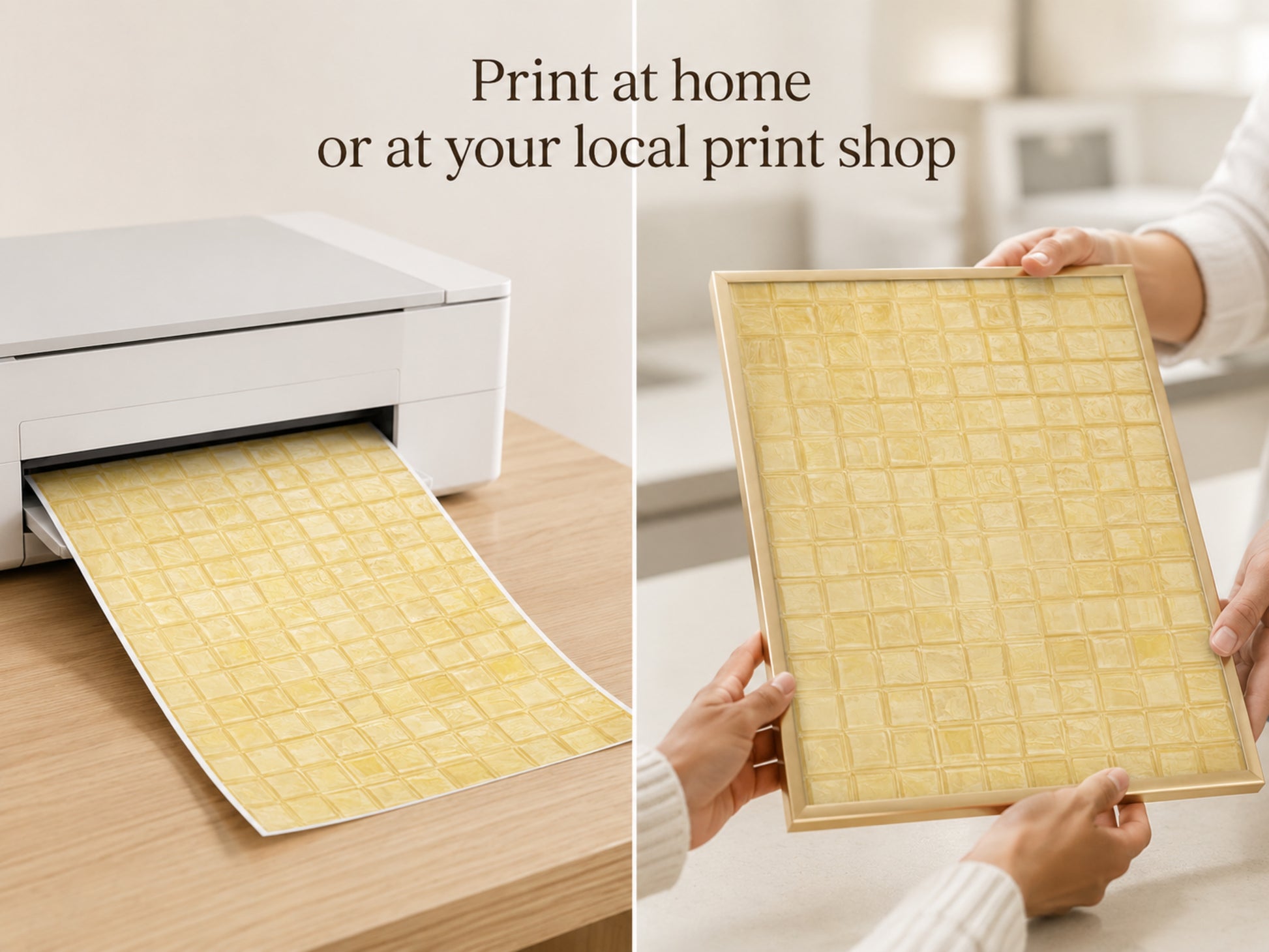 Butter yellow mosaic tile art print being held coming out of a printer, print-at-home lifestyle shot with "Print at home or at your local print shop" text overlay
