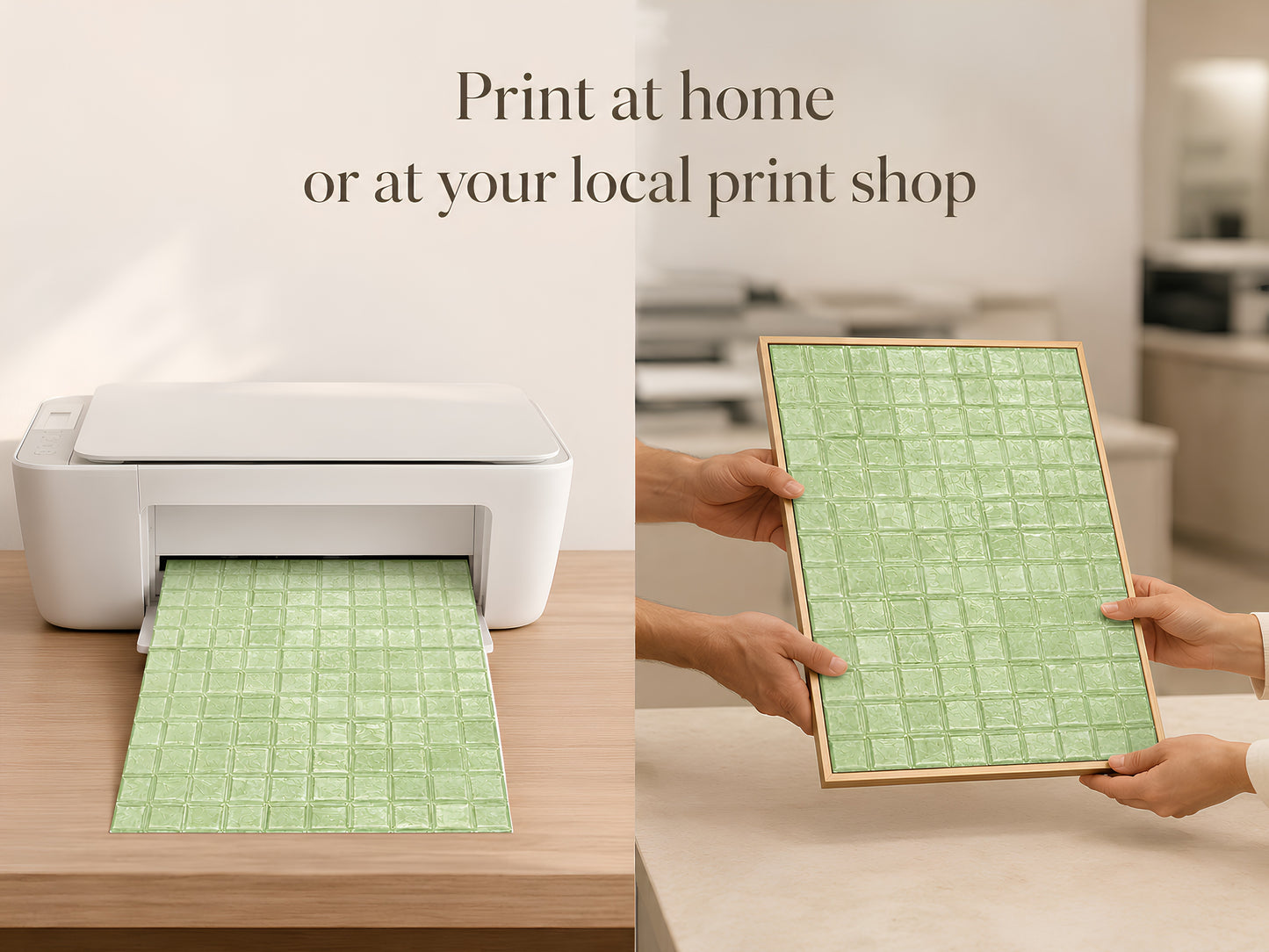 Sage green mosaic tile art print being held coming out of a printer, print-at-home lifestyle shot with "Print at home or at your local print shop" text overlay
