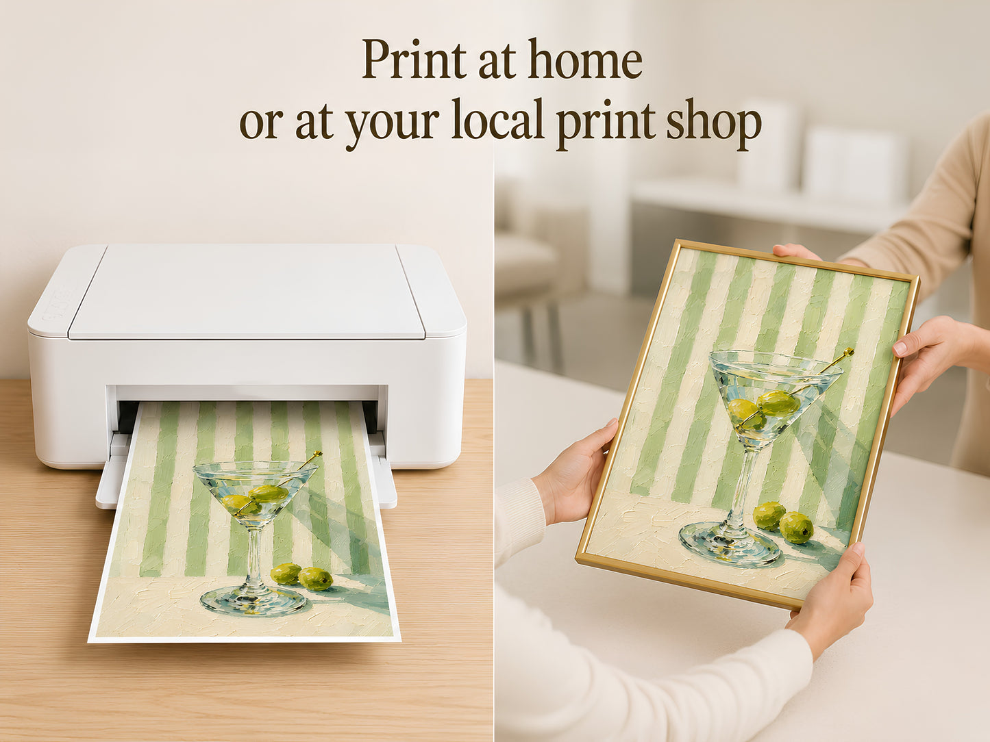 Home printer printing a martini glass wall art digital download, held in hand