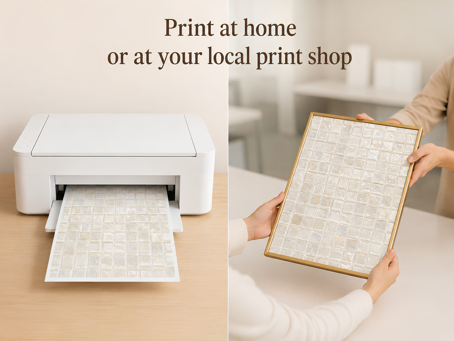 White pearl mosaic tile art print being held coming out of a printer, print-at-home lifestyle shot with "Print at home or at your local print shop" text overlay
