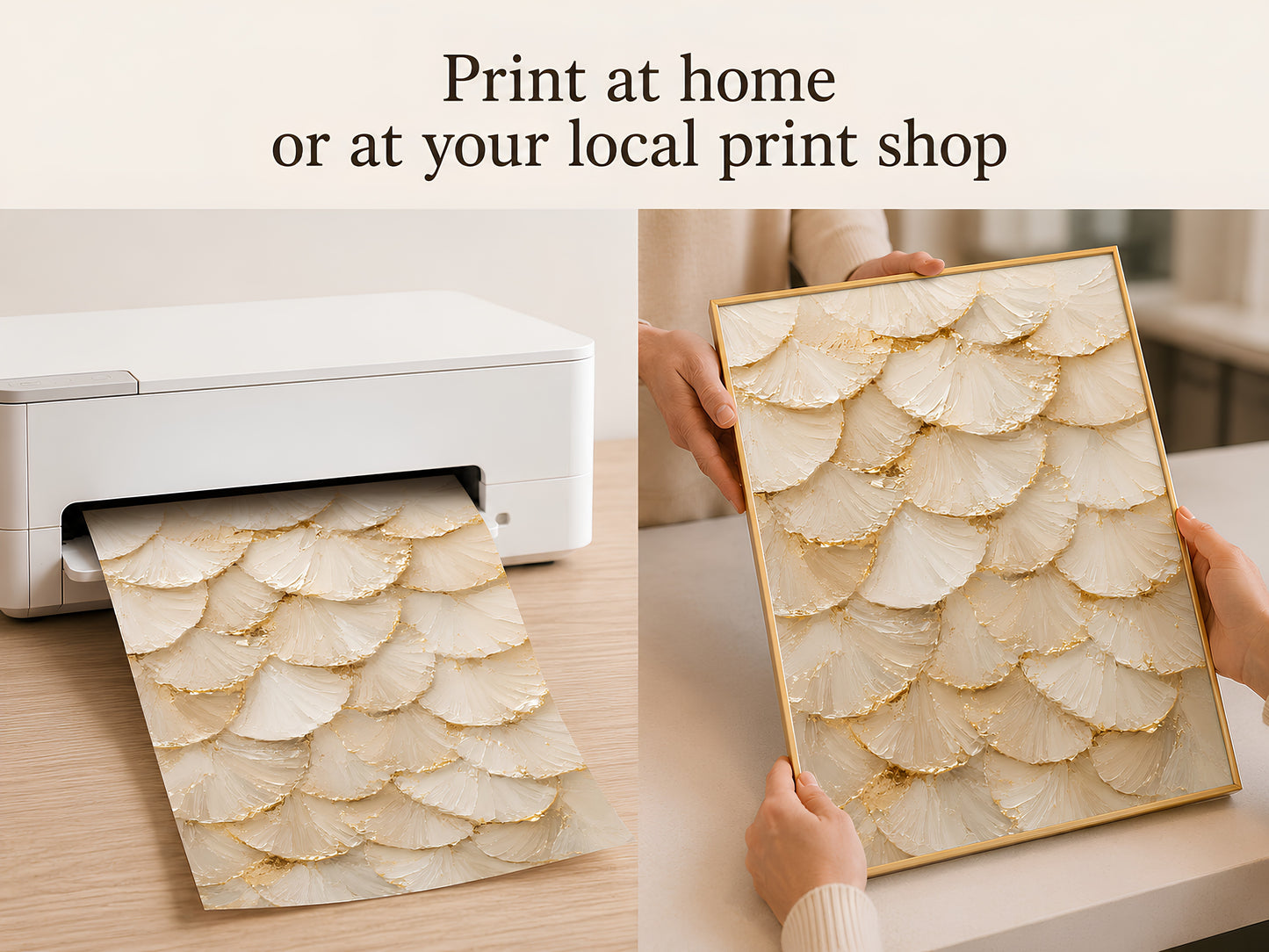 Hands placing ginkgo leaf print into a home printer for instant download printing
