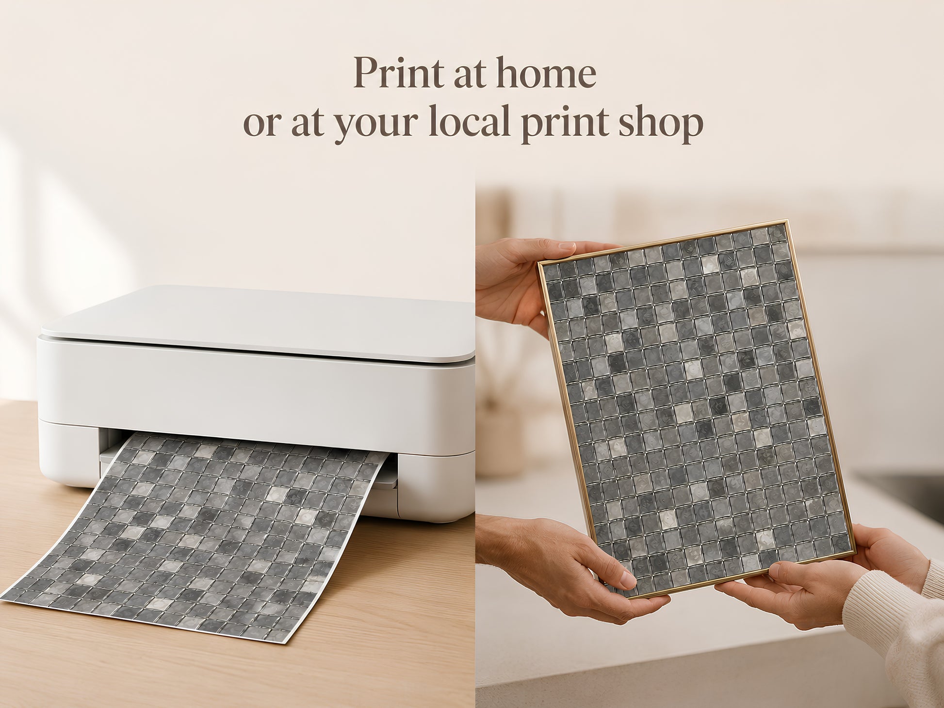 Print at home or local print shop graphic showing a home printer and someone holding a printed mosaic wall art page
