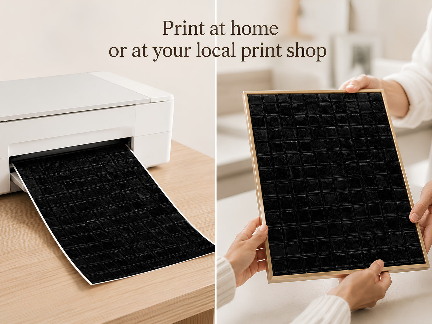Black mosaic tile art print being held coming out of a printer, print-at-home lifestyle shot with "Print at home or at your local print shop" text overlay
