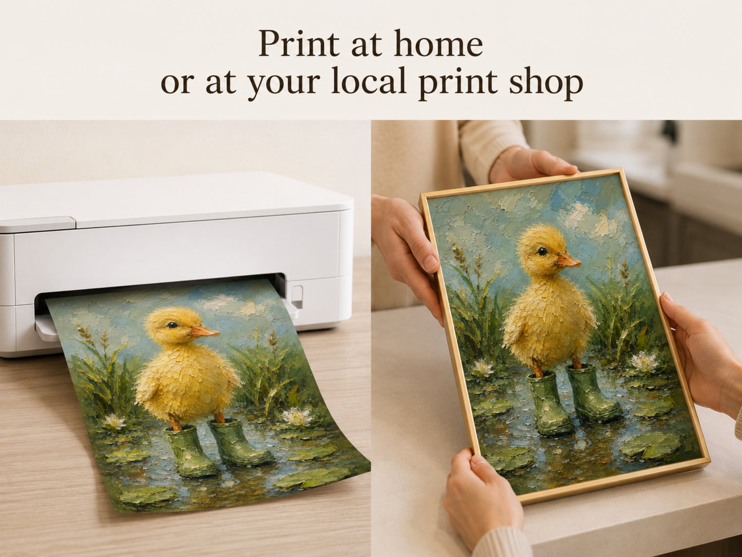 Print at home or at your local print shop lifestyle slide showing hands pulling the duckling in rain boots art print from a white home printer

