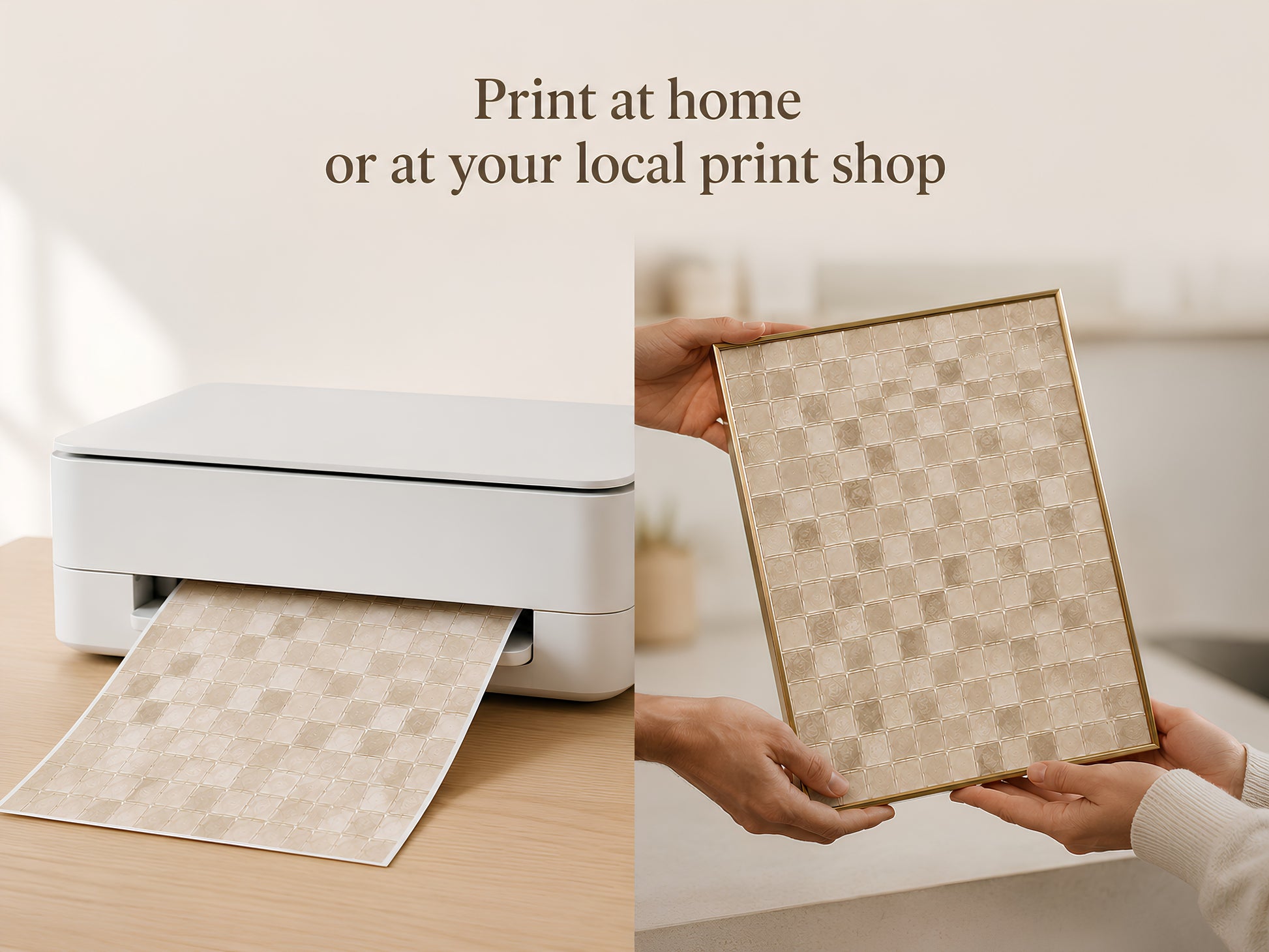 Print at home or local print shop graphic showing a home printer and someone holding a printed mosaic wall art page
