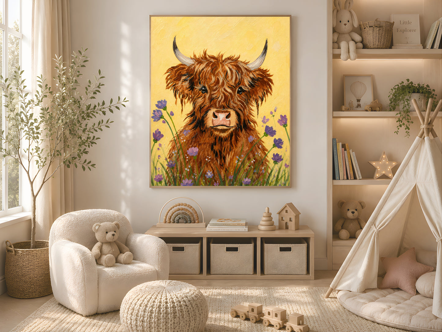 Framed impasto baby highland cow print on cream wall in neutral nursery with teepee, plush toys, and open shelving
