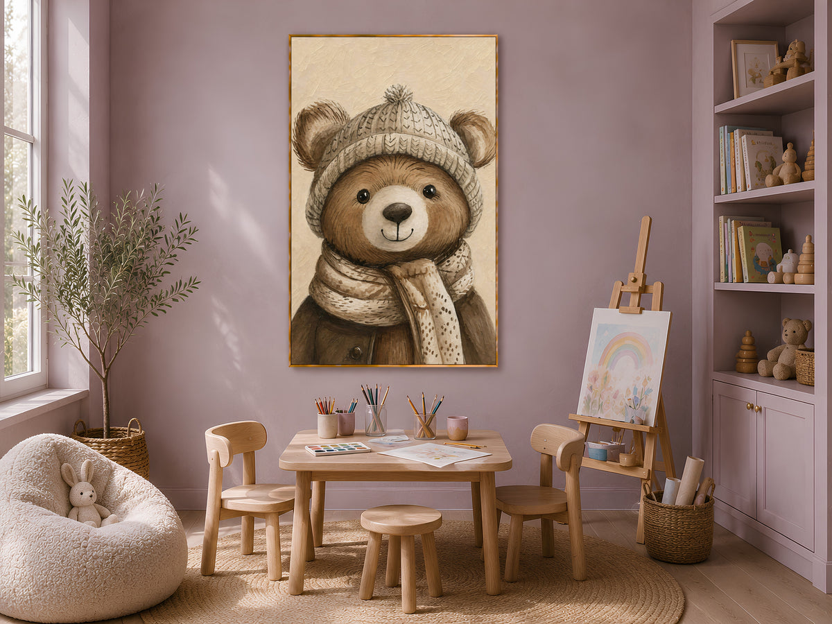 Winter teddy bear wall art with knit hat above a child-sized craft table