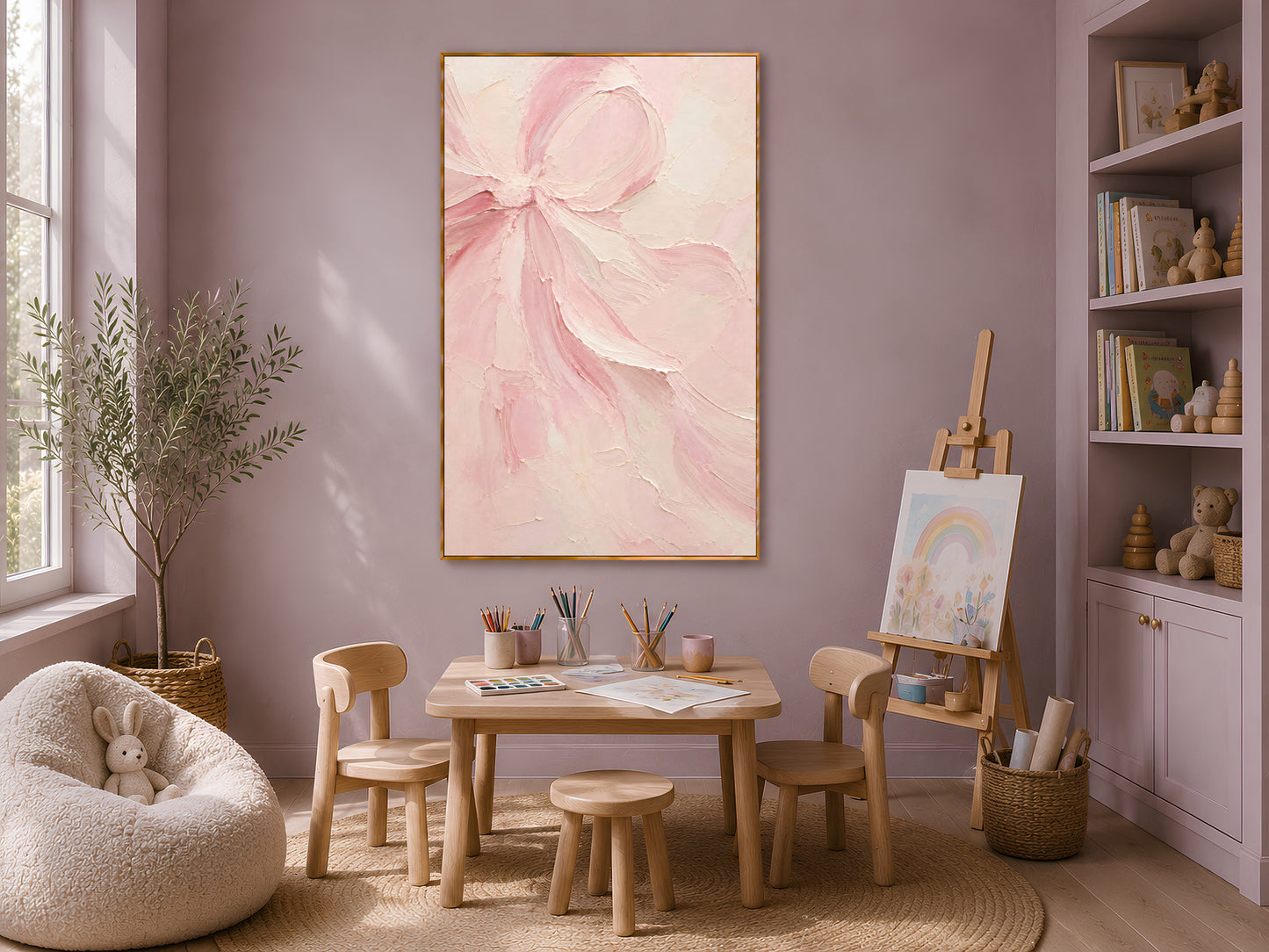 Pink coquette bow wall art print framed above a kids' art table in a mauve playroom