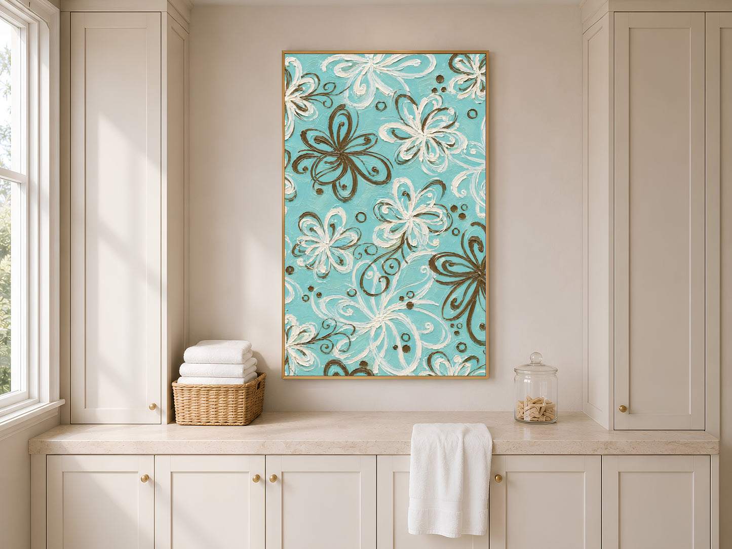 Turquoise retro swirl floral print in gold frame in bright styled bathroom with white cabinetry and toiletries

