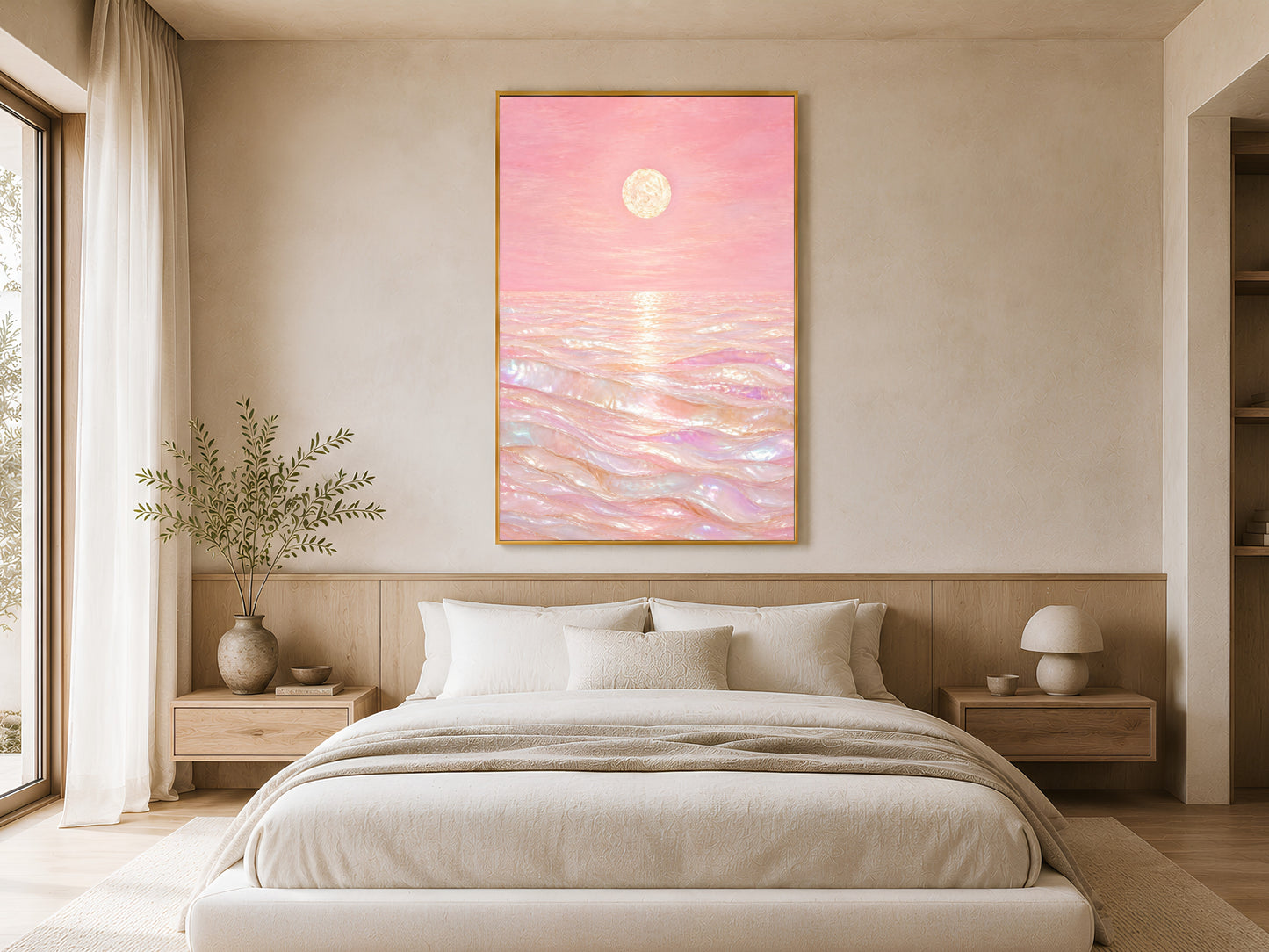 Pink capiz shell ocean wall art above bed in warm neutral minimalist bedroom
