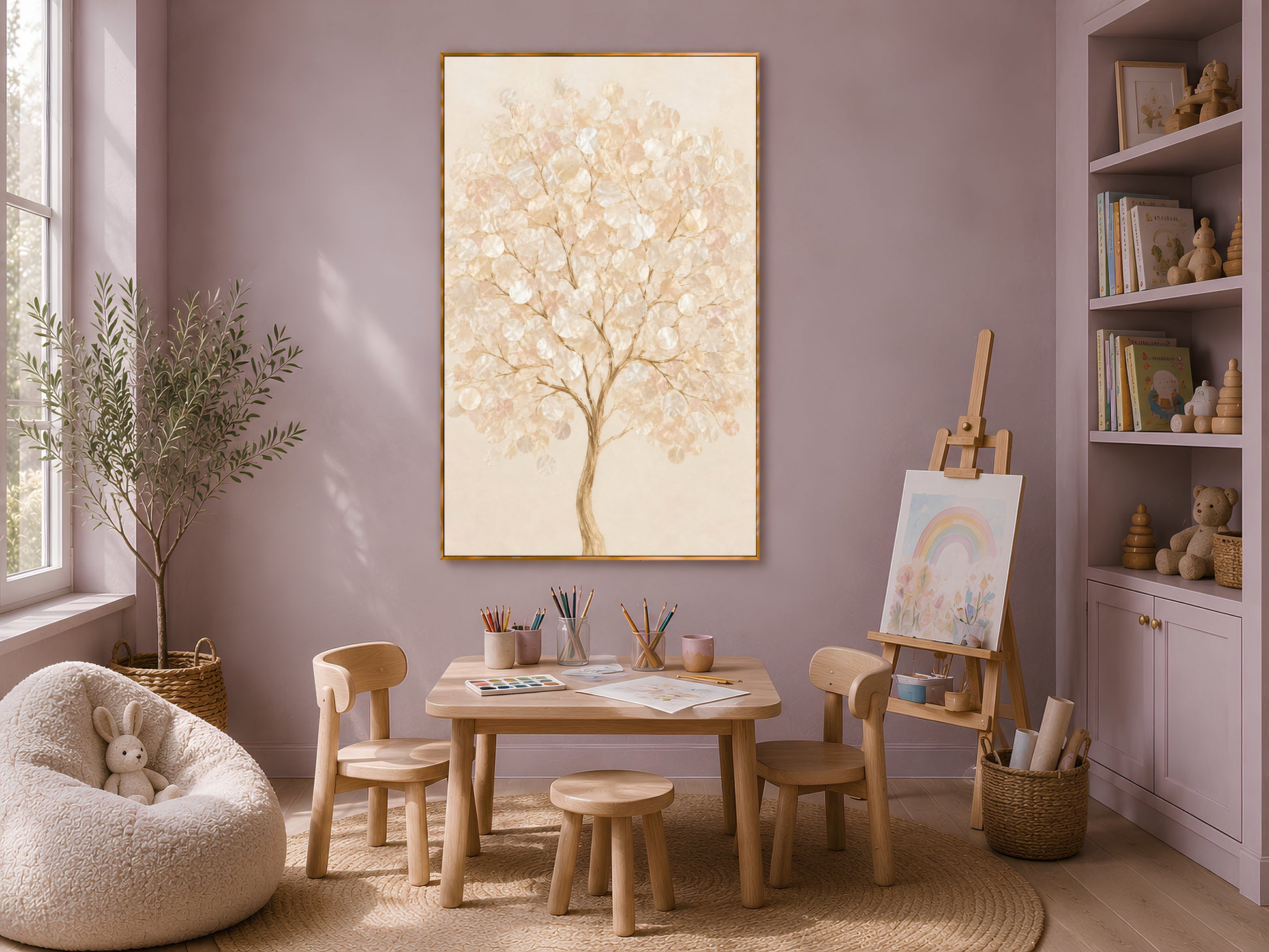 Capiz shell tree print framed in a cozy craft room with a small wooden table and chairs