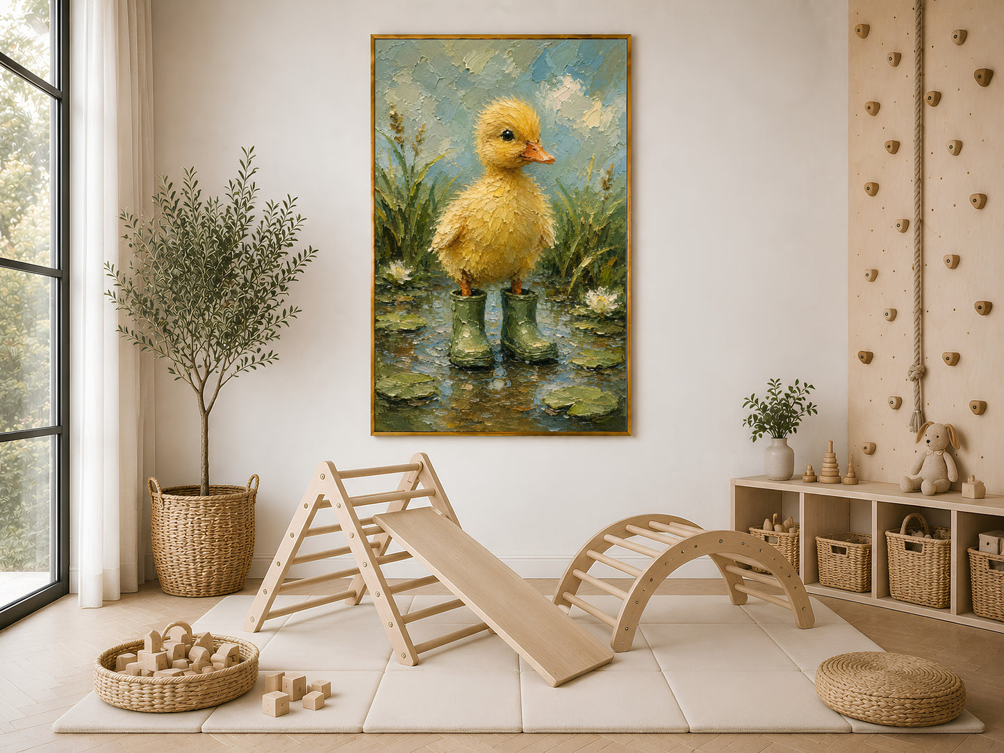 Duckling in rain boots impasto print in a wood frame displayed in a bright modern playroom with wooden climbing toys, woven baskets, and natural light
