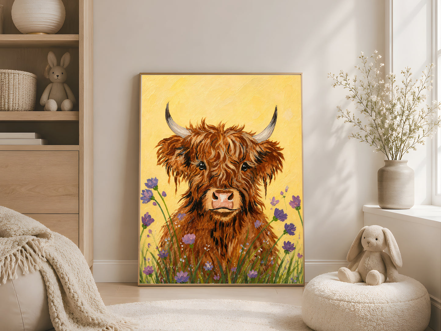 Framed impasto baby highland cow print on warm white wall in bright boho nursery with plush rabbit and woven baskets
