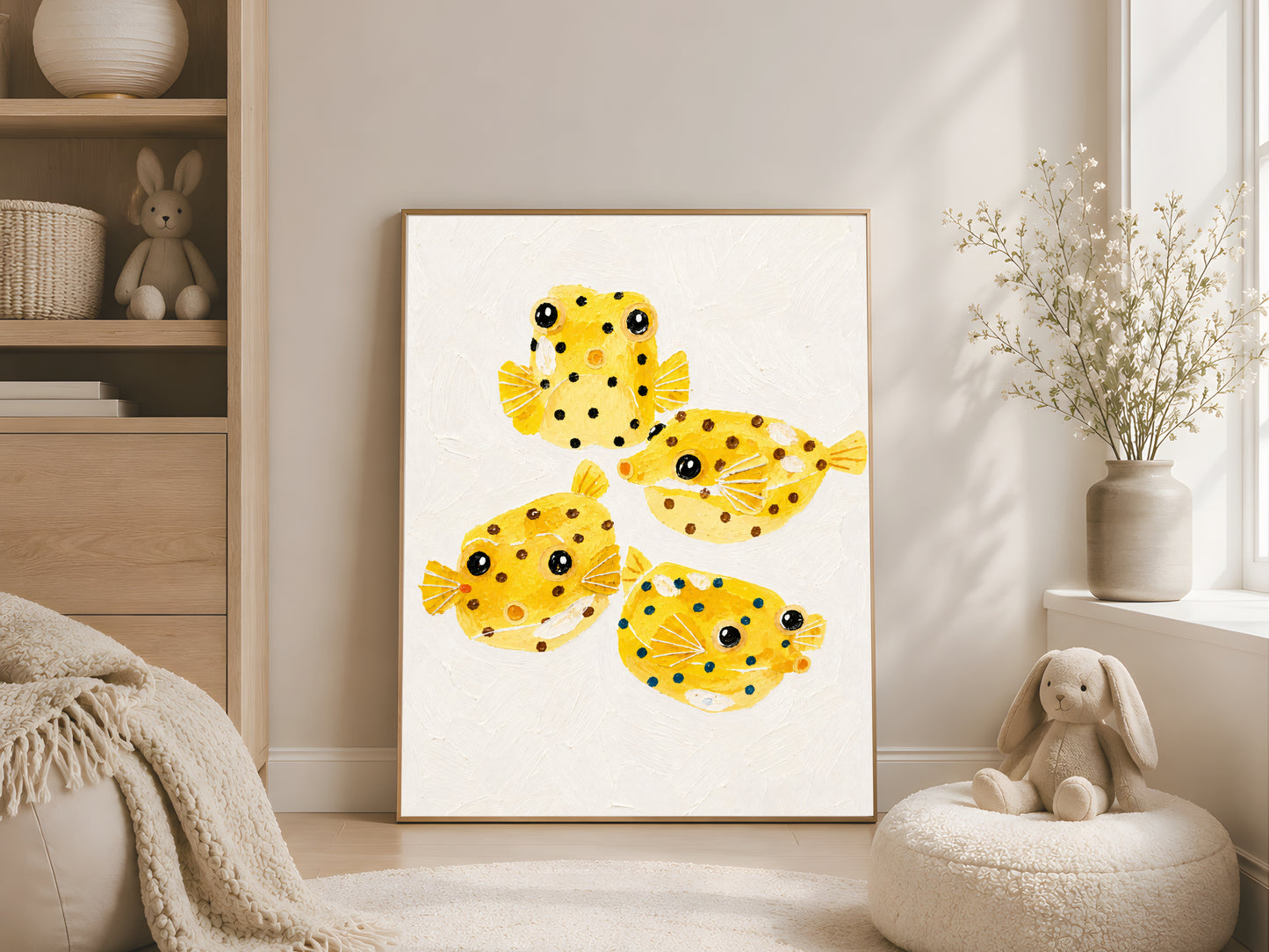 Framed impasto yellow boxfish print on cream wall in neutral nursery with woven baskets and dried botanicals
