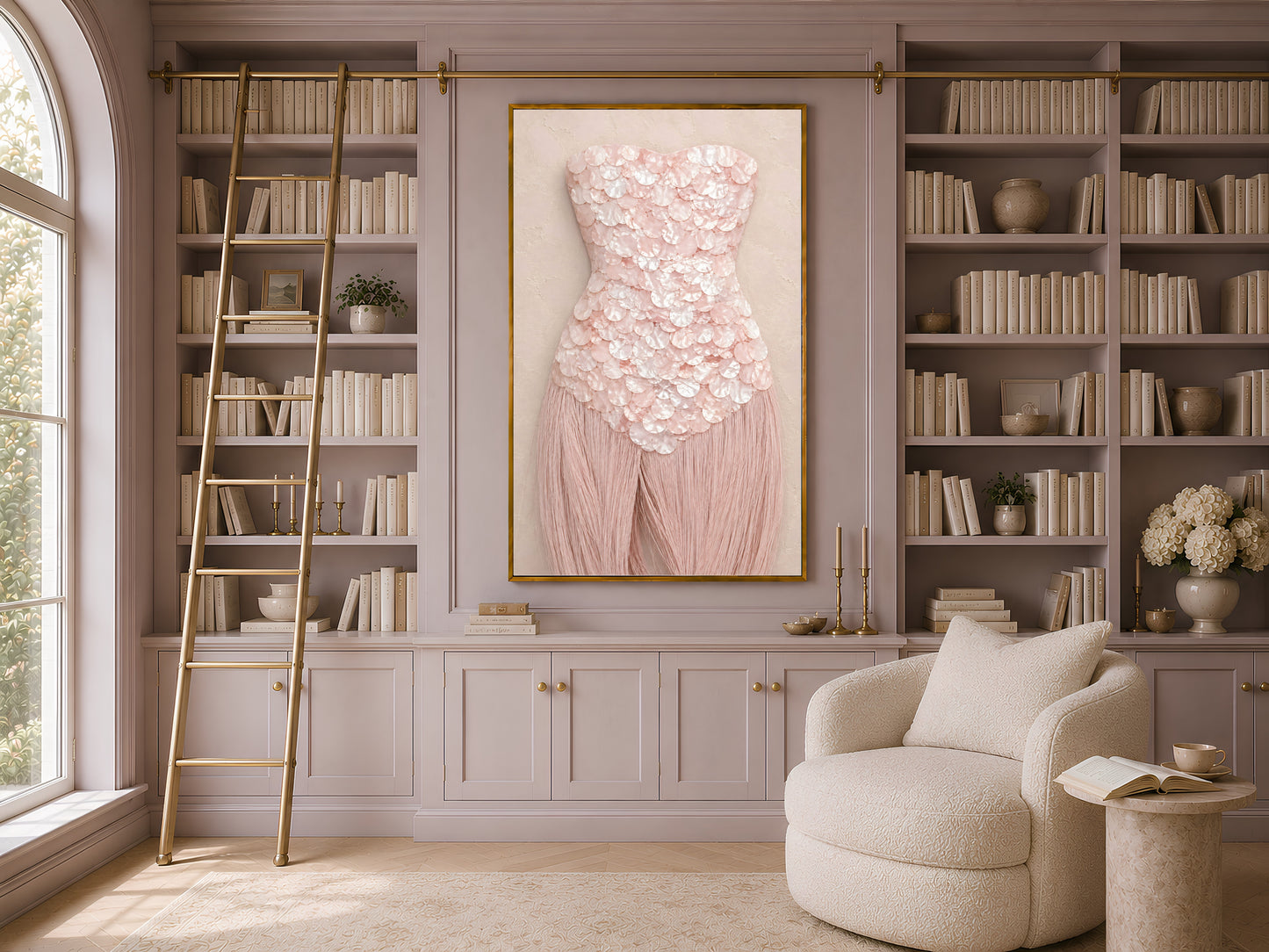 Rose quartz mother of pearl wall art framed in gold, displayed in a built-in home library with a rolling ladder and armchair.