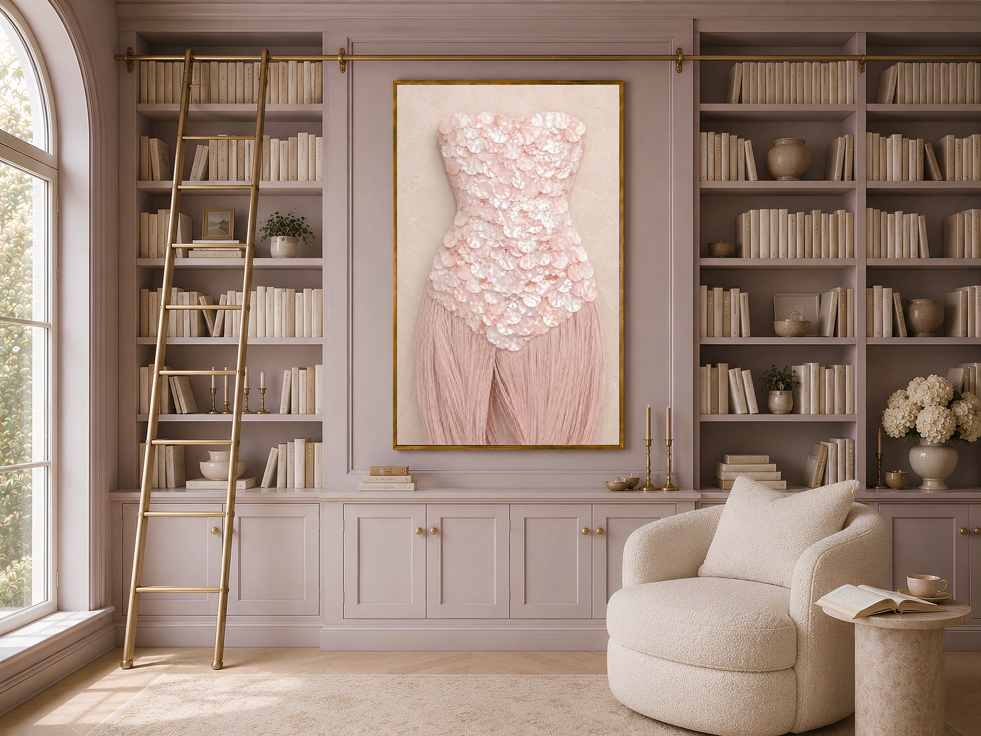 Rose quartz mother of pearl wall art framed in gold, displayed in a built-in home library with a rolling ladder and armchair.