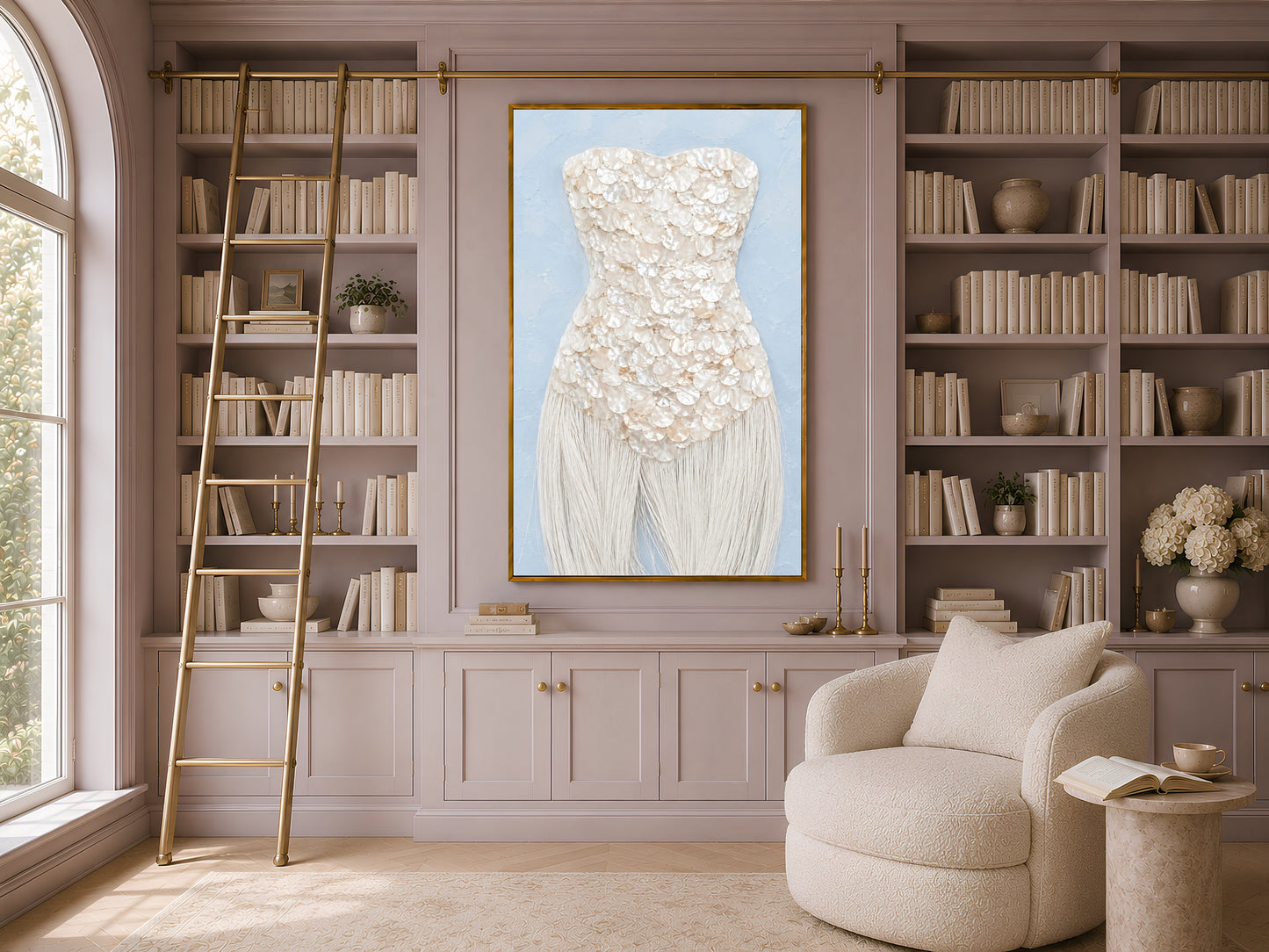 Mother of pearl wall art framed in gold, displayed in a built-in home library with a rolling ladder and armchair.