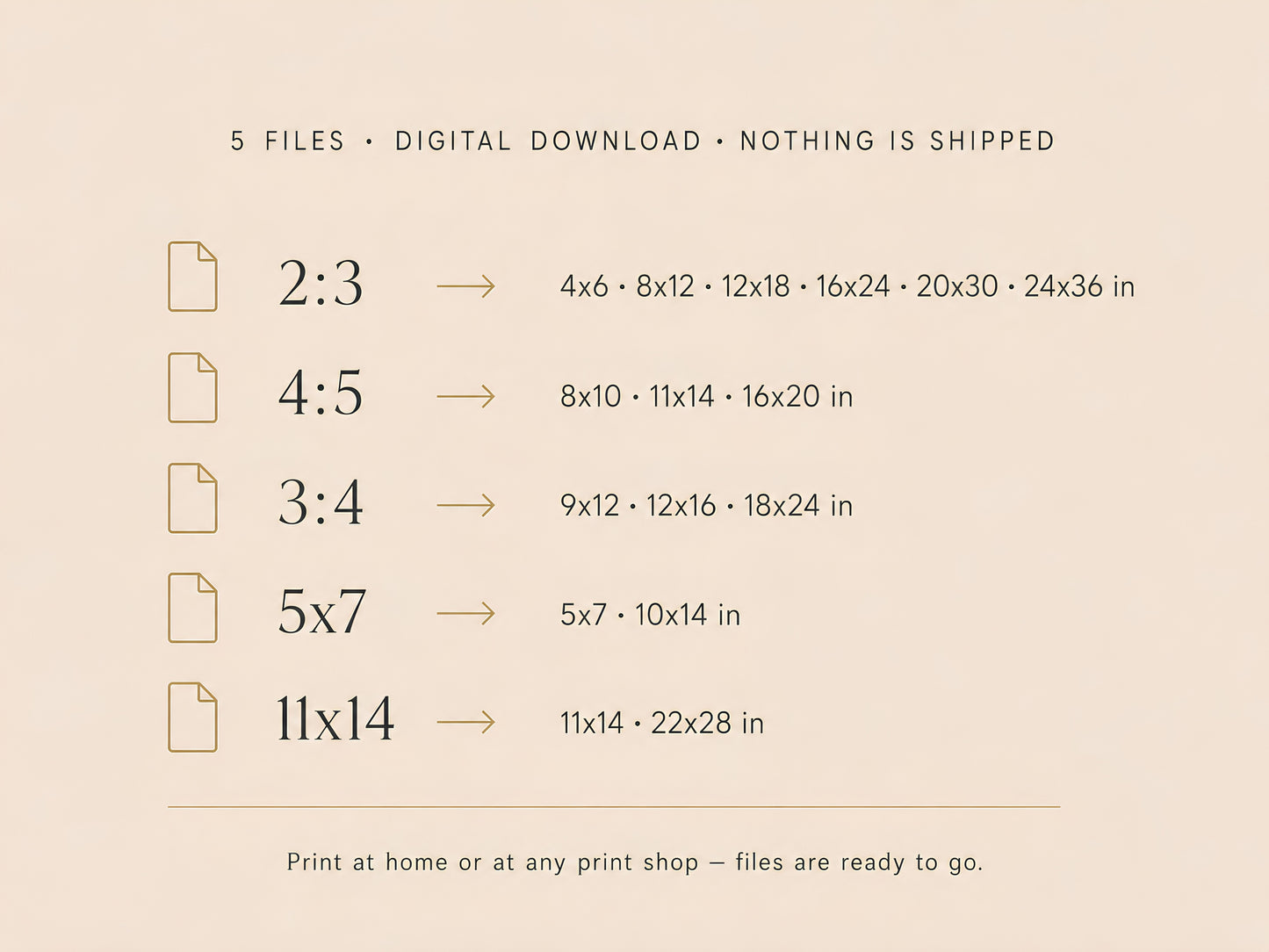 Digital download files included infographic listing 2x3 4x5 3x4 5x7 and 11x14 print sizes