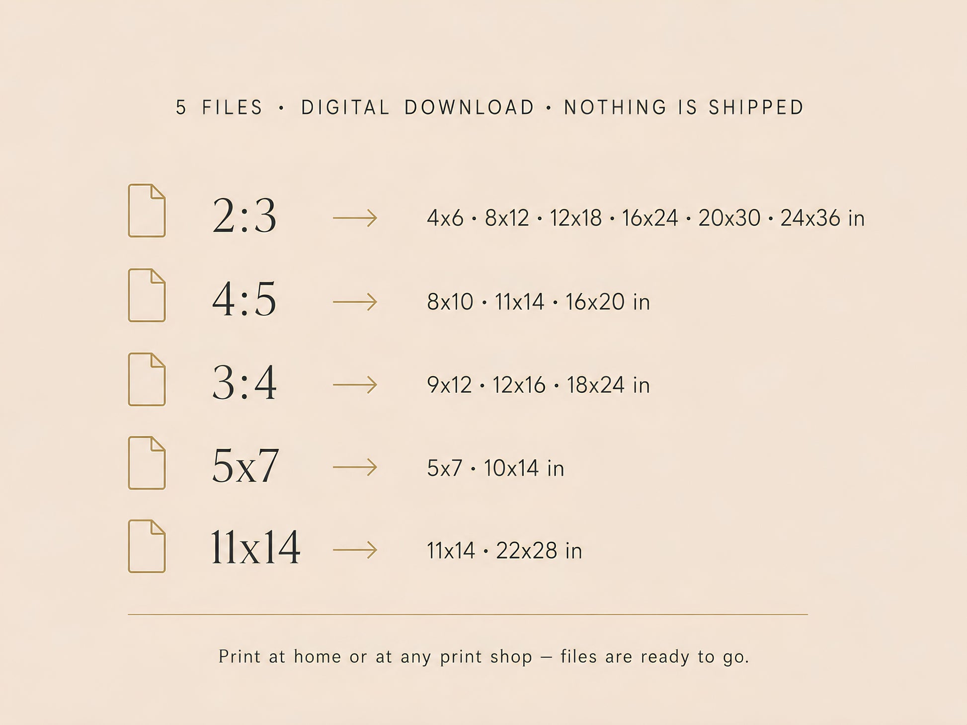 Digital download files included infographic listing 2x3 4x5 3x4 5x7 and 11x14 print sizes